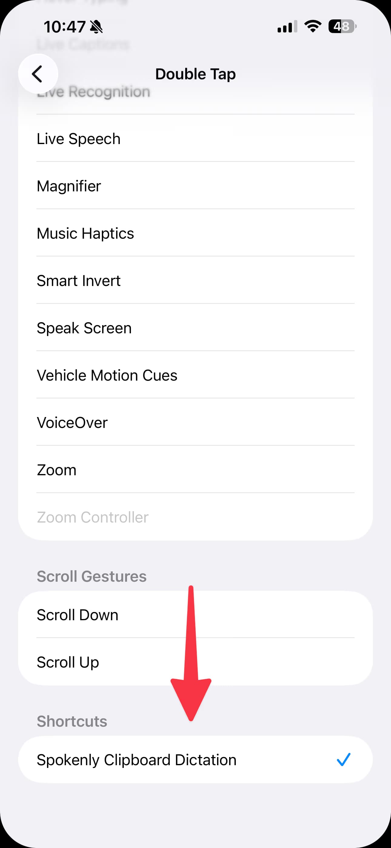Assigning the shortcut to Back Tap