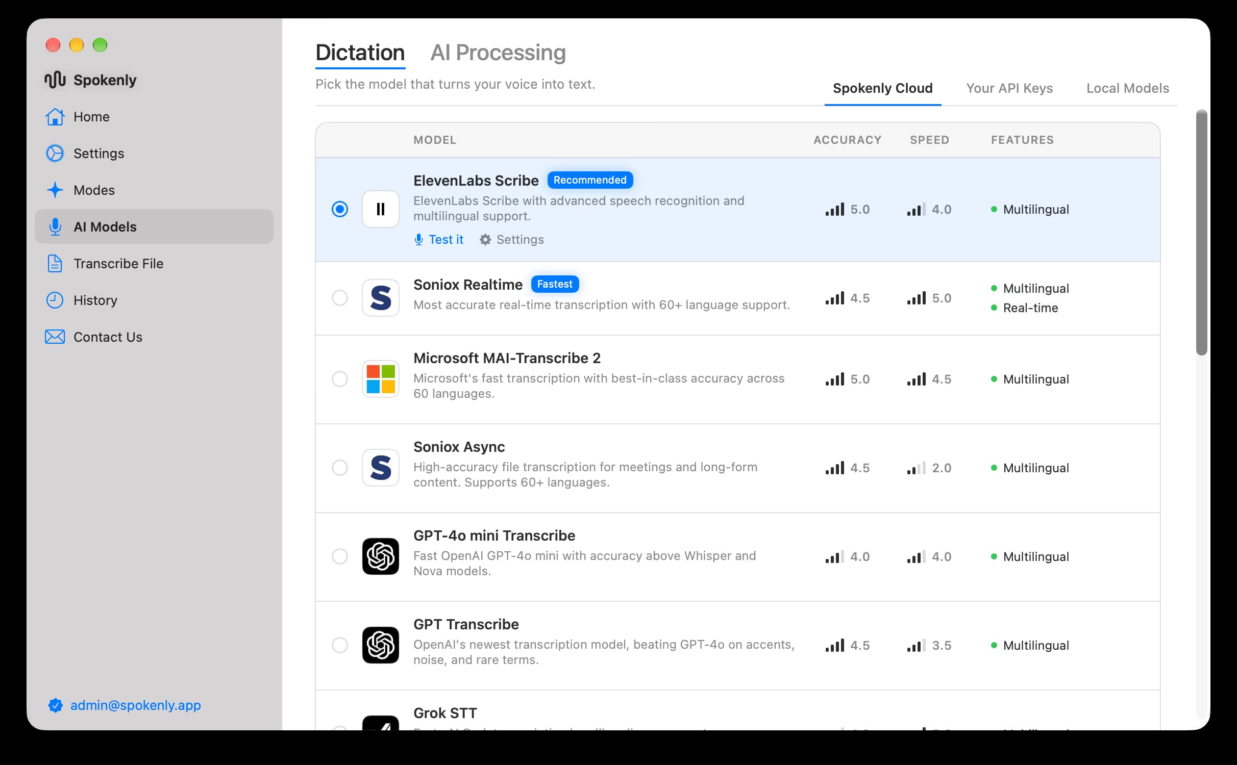 Spokenly dictation models interface showcasing available engines