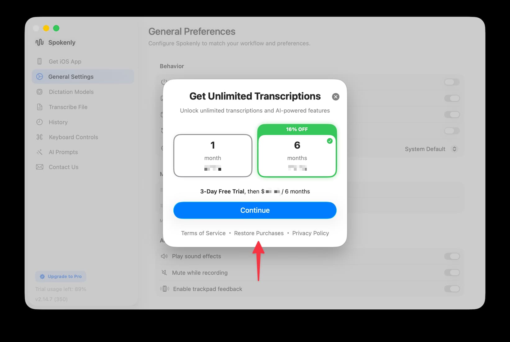 Restore Purchases button on payment screen