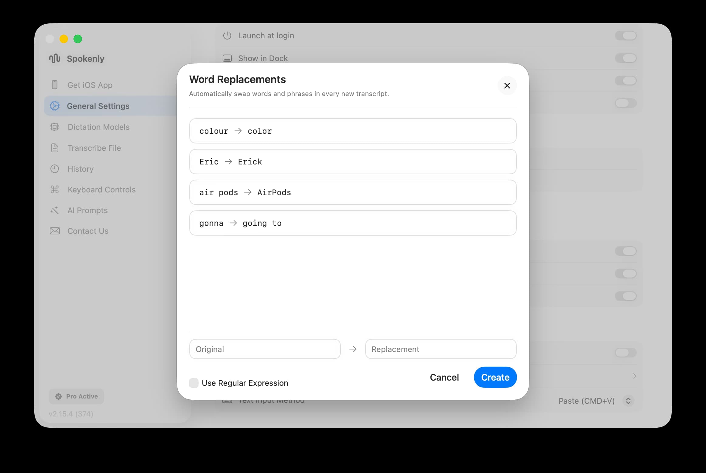 Word Replacements dialog