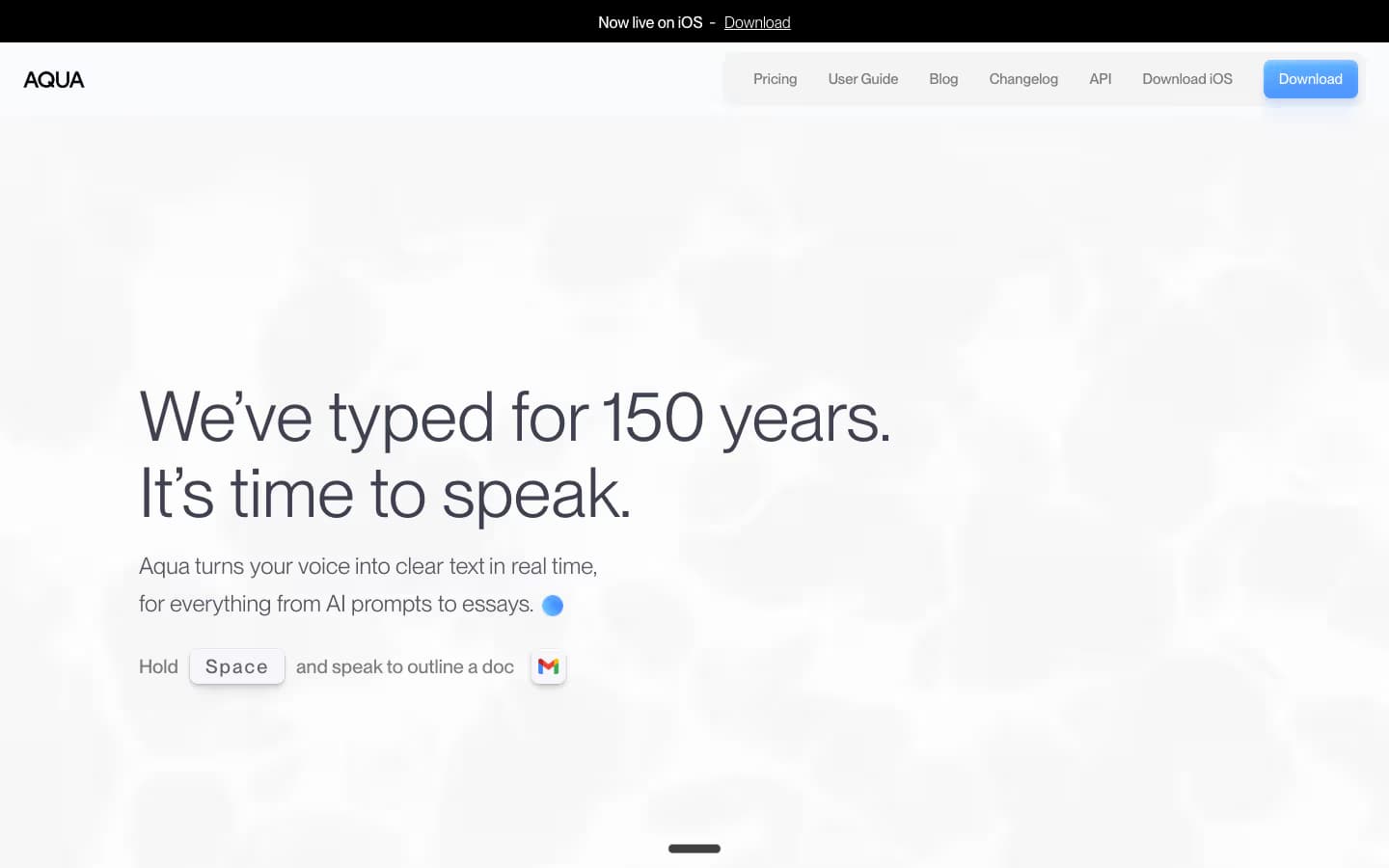 Aqua Voice homepage at aquavoice.com showing the tagline 'We've typed for 150 years. It's time to speak.' with the Aqua logo and a Download button