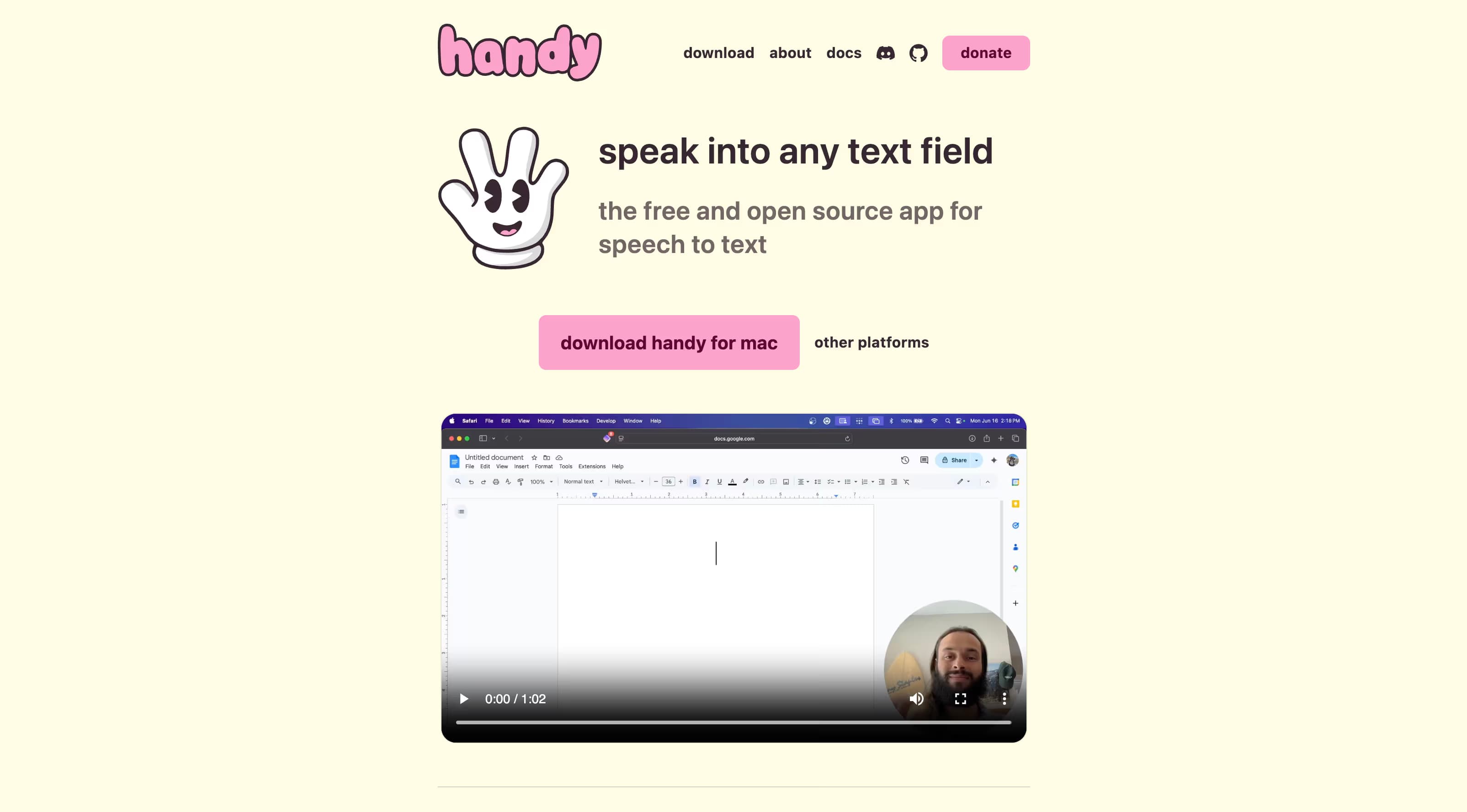Handy homepage at handy.computer with the tagline 'speak into any text field', a cartoon hand mascot, and a download button for Mac