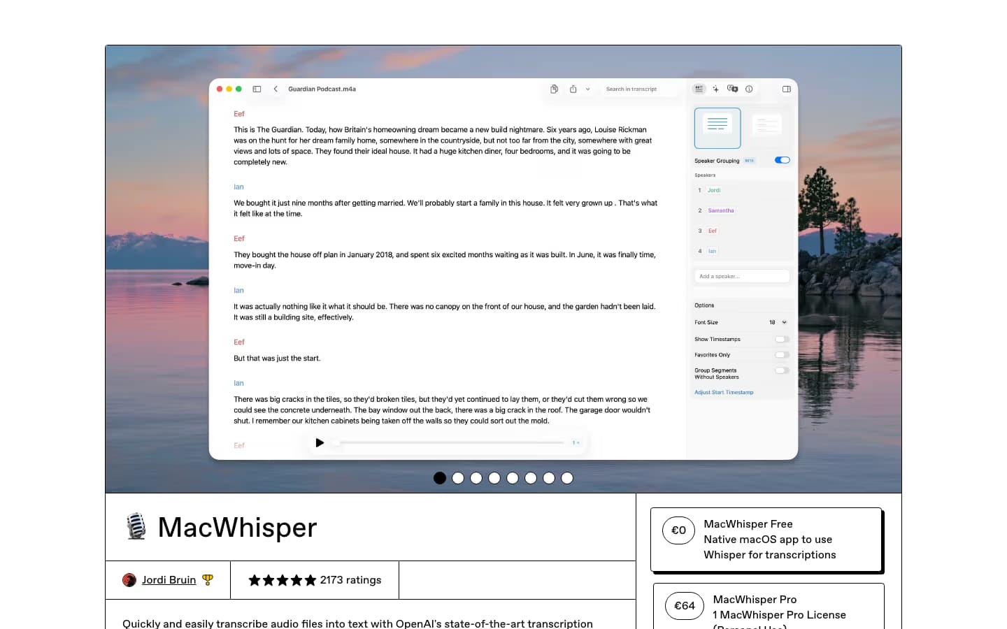 MacWhisper Gumroad listing showing the app interface with podcast transcription view and pricing tiers