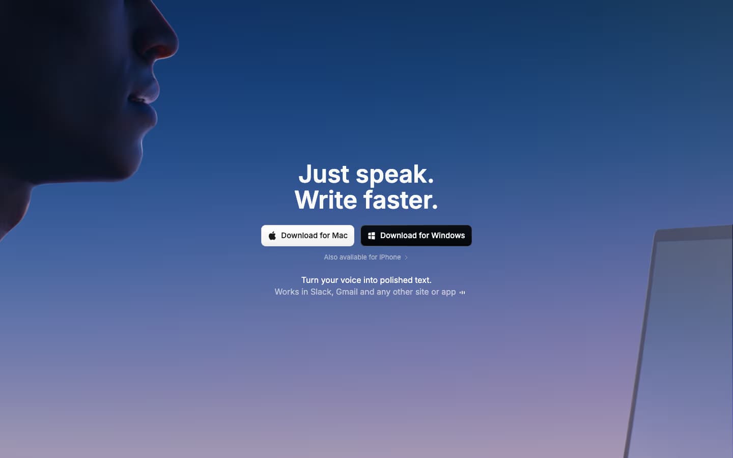 Superwhisper homepage at superwhisper.com showing the tagline 'Just speak. Write faster.' with Download for Mac and Download for Windows buttons over a dark blue gradient