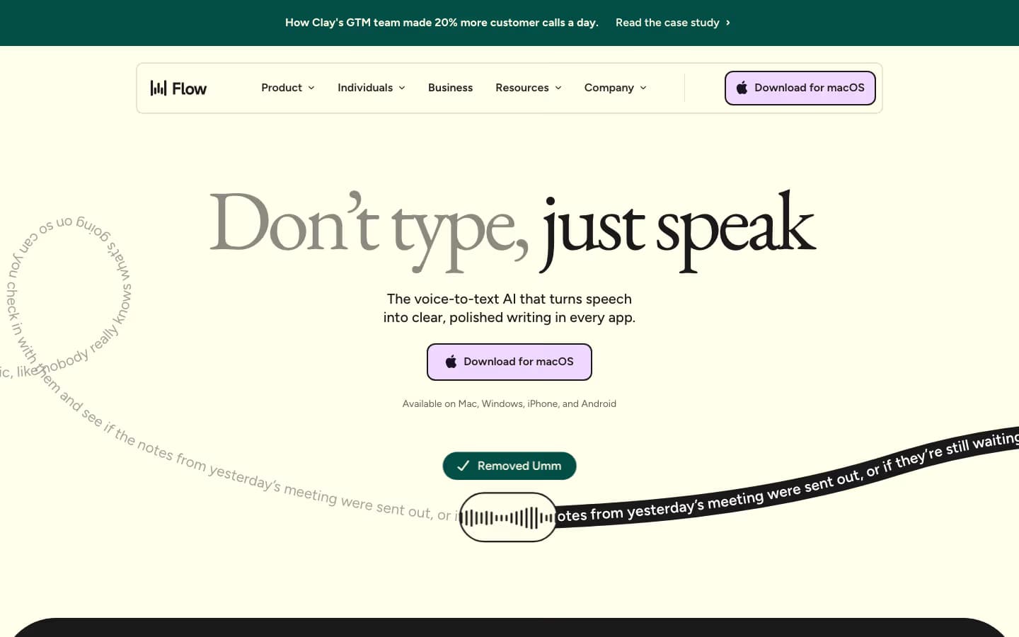 Wispr Flow homepage at wisprflow.ai showing the tagline 'Don't type, just speak' with a Download for macOS button