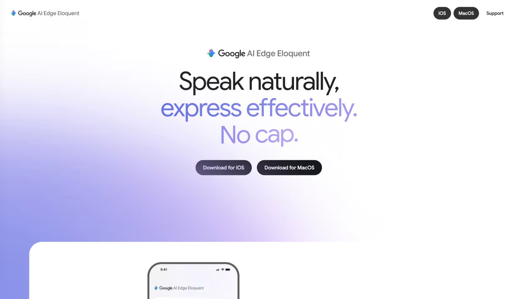 Google AI Edge Eloquent homepage with iOS and macOS download buttons