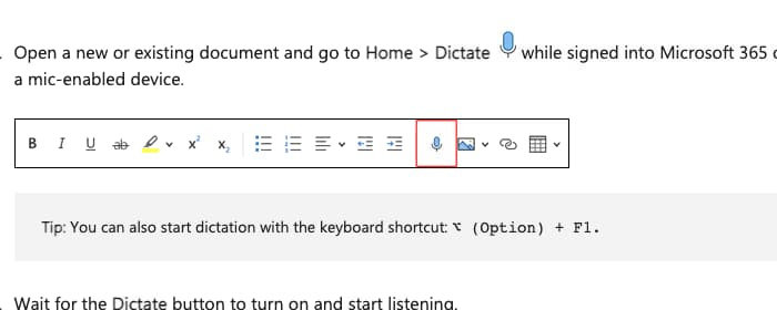 Microsoft Word ribbon with the Dictate microphone button highlighted in red, plus the Option + F1 keyboard shortcut tip