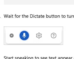 Microsoft Word's Dictate control panel showing close, microphone, settings, and help icons
