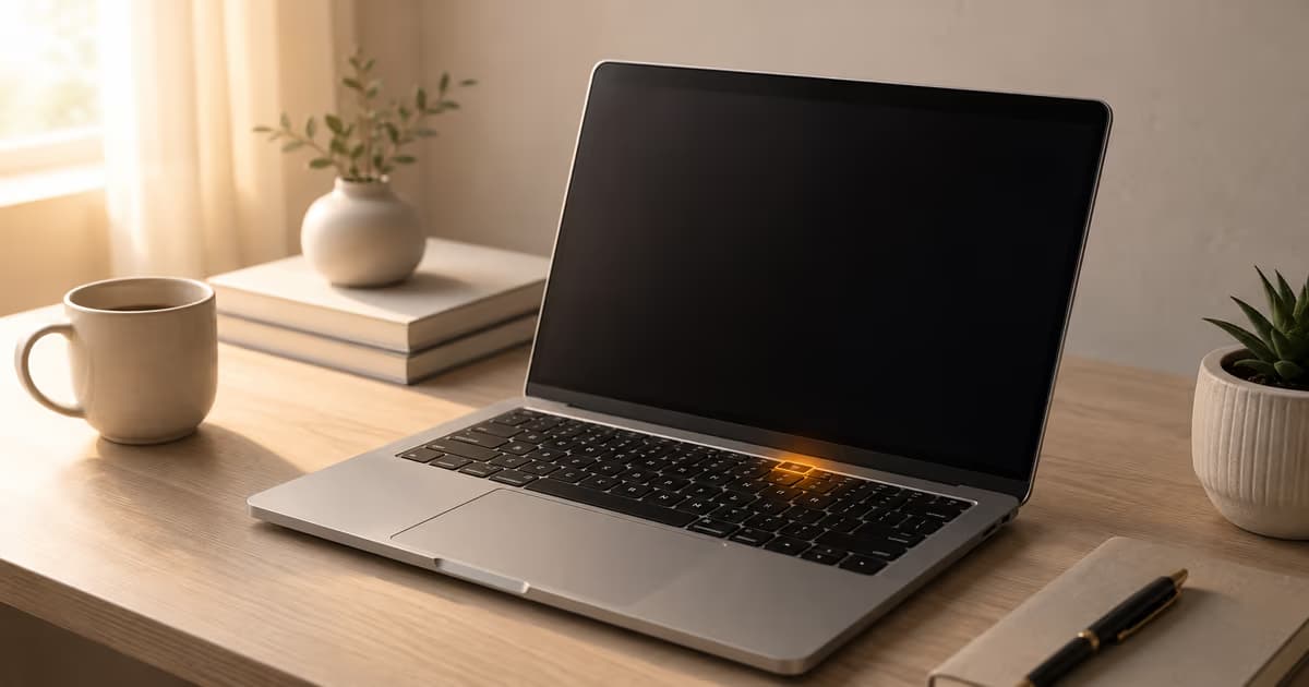MacBook with subtle warm amber glow on the F5 microphone key, suggesting a dictation fix in progress