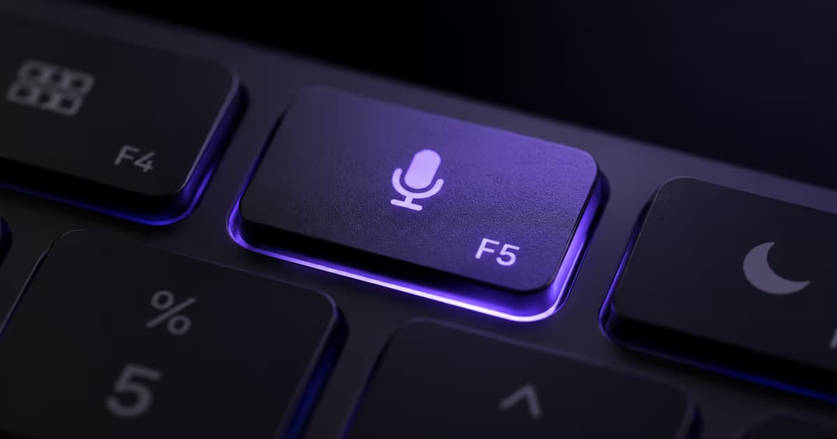 Close-up of an Apple Magic Keyboard with the F5 microphone key illuminated by cool purple backlight