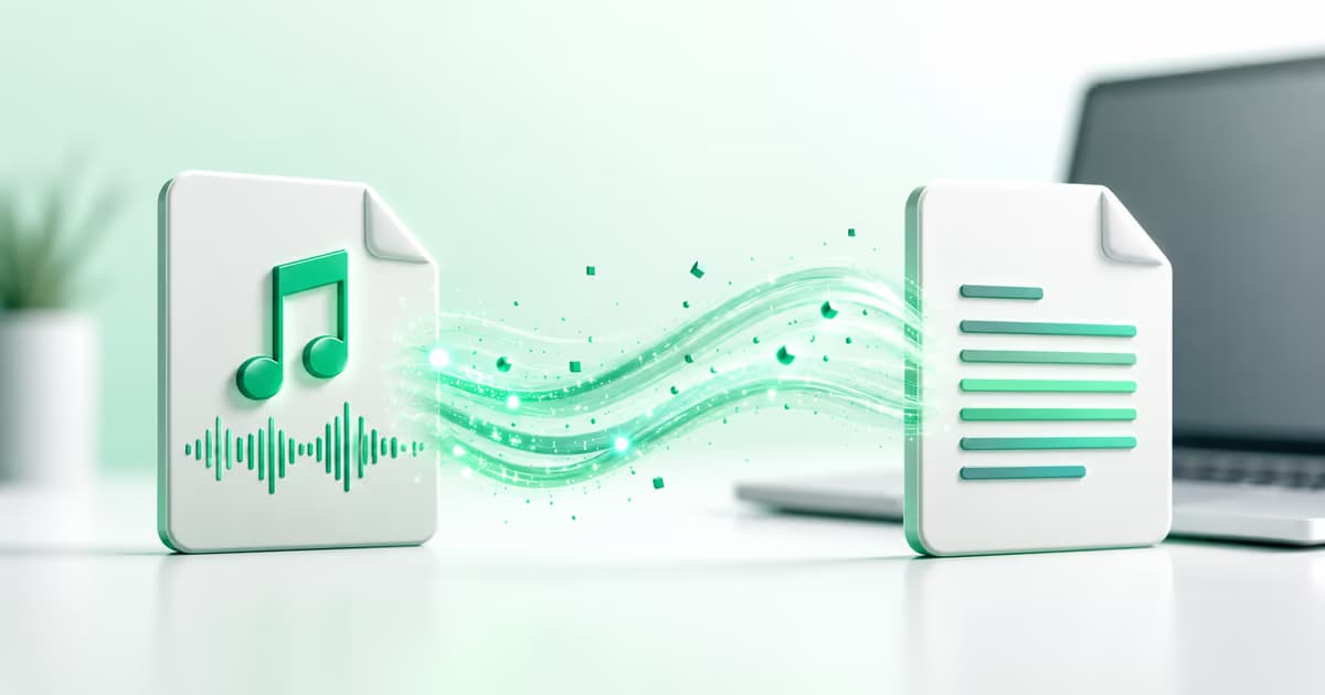 MP3 to text conversion on Mac visualized as audio file icon transforming into a text document via flowing particles