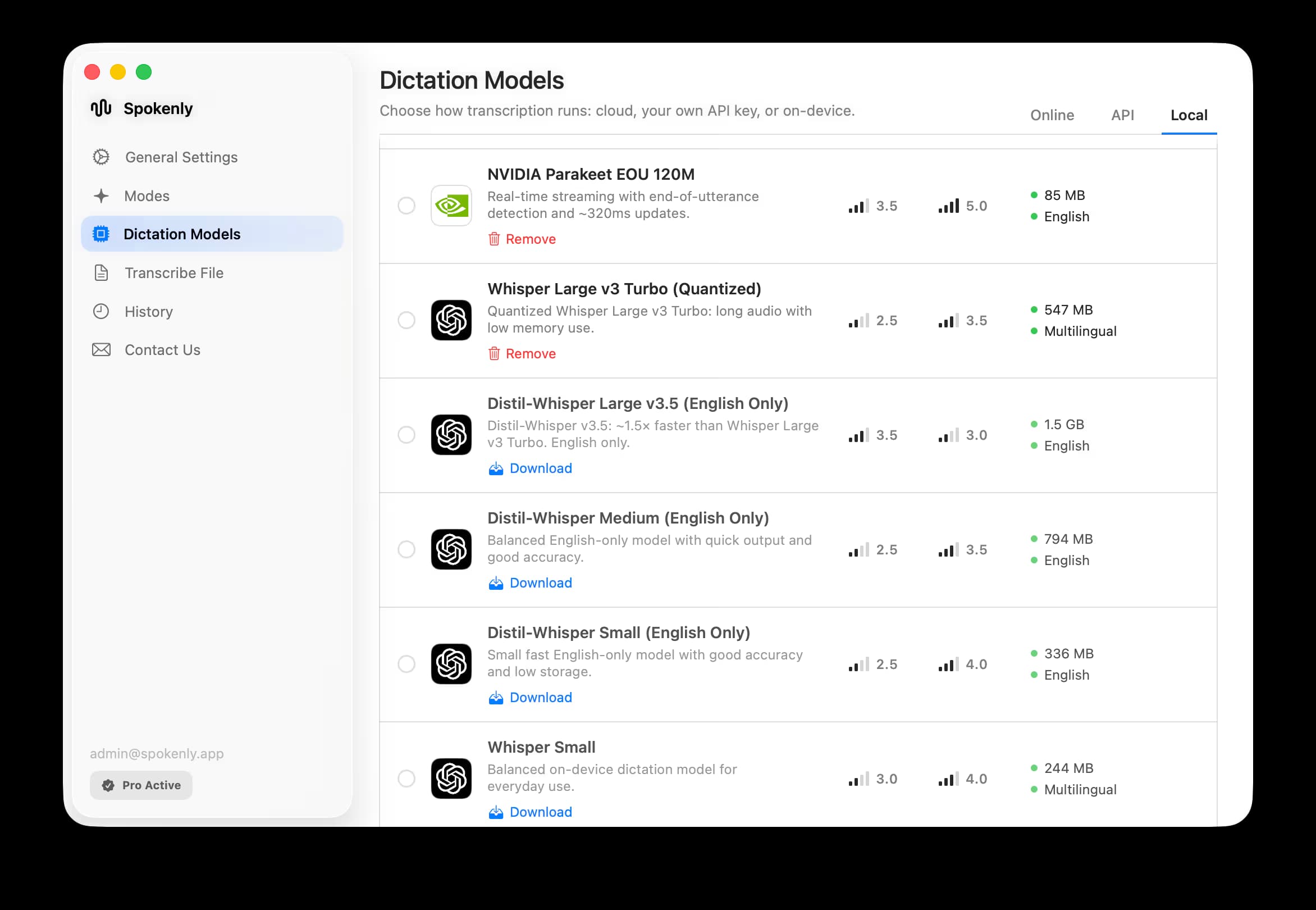 Spokenly Dictation Models settings showing local Parakeet and Whisper model options