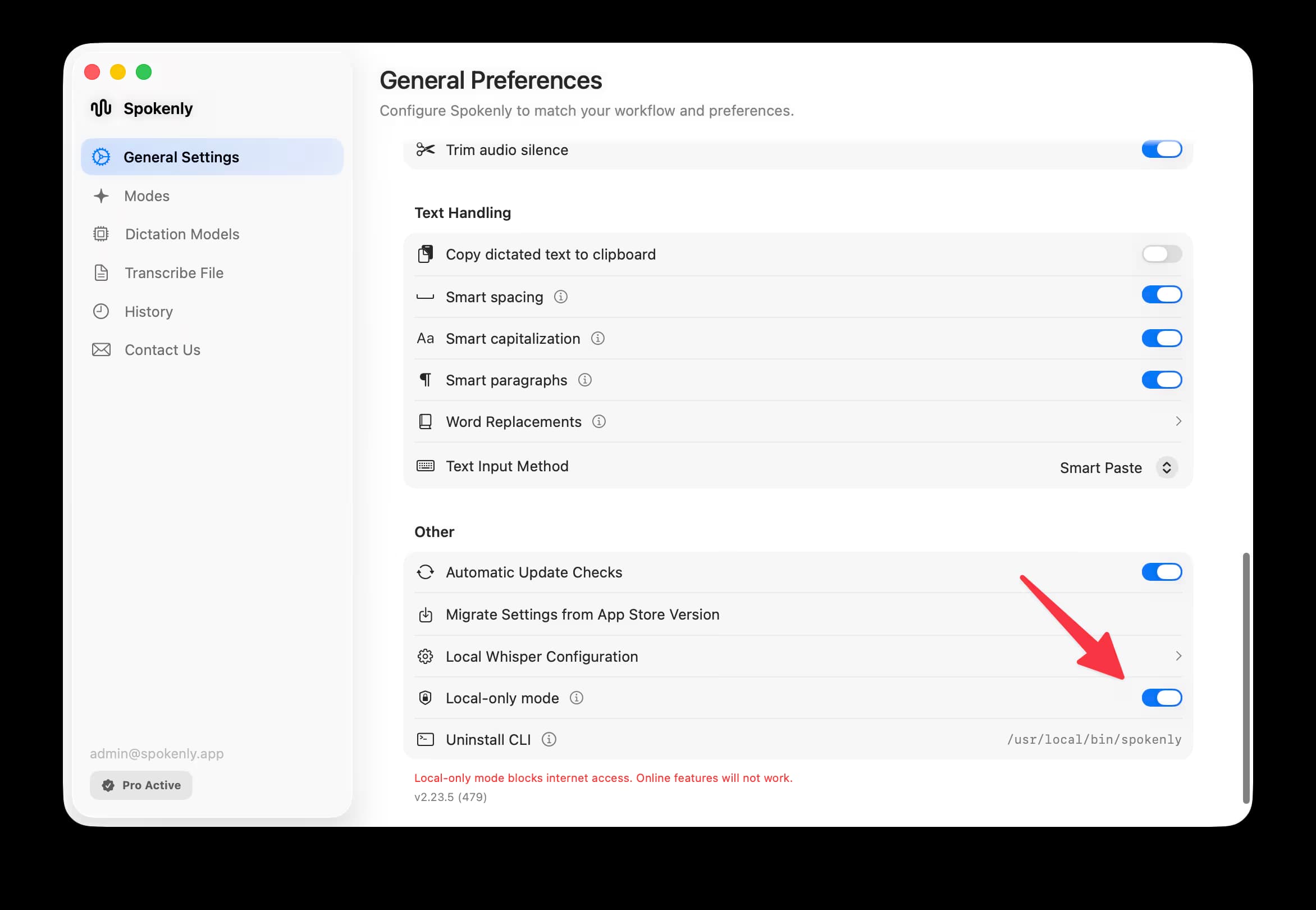 Spokenly General Preferences screen with Local-only mode enabled
