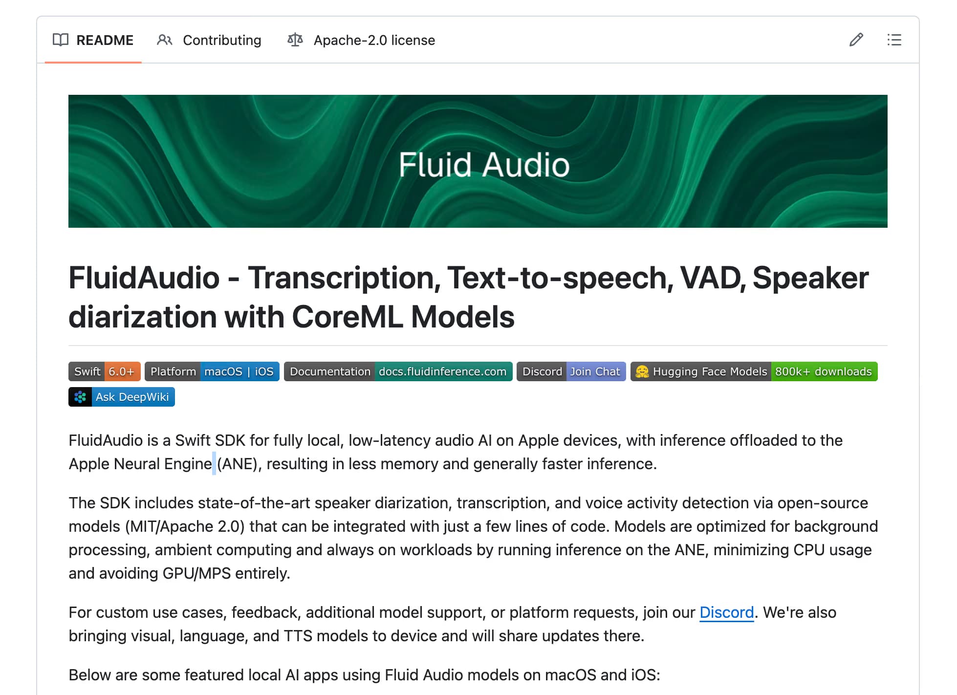 FluidAudio GitHub repository, an open-source Swift framework that runs Parakeet CoreML models on the Apple Neural Engine