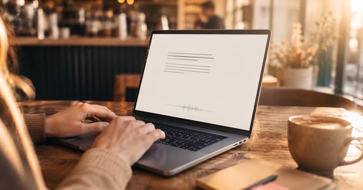 Speech to text on Mac dictation in progress on a MacBook with voice waveform indicator on screen