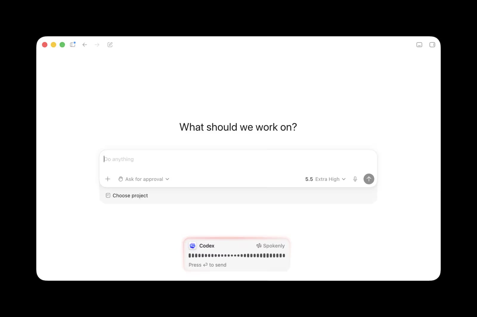 OpenAI Codex window with the Spokenly voice dictation overlay ready to send voice input to Codex