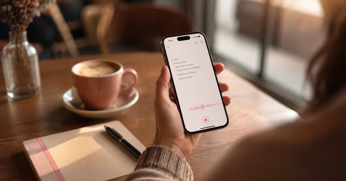 Hand holding a modern iPhone at a coffee shop table with notes app open and voice waveform indicator visible