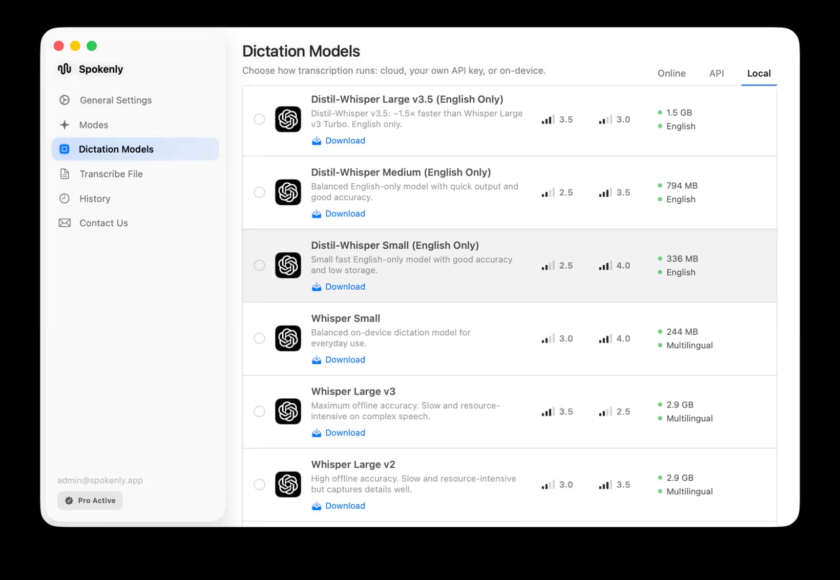 Spokenly Dictation Models settings showing local Whisper model choices