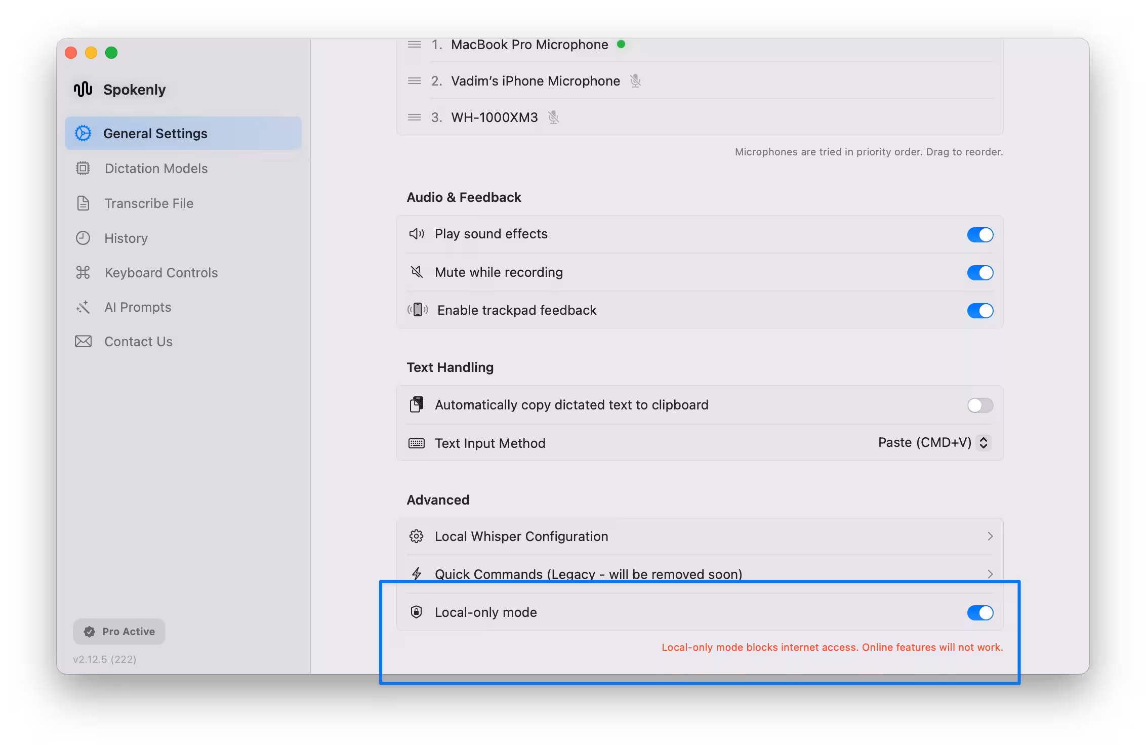 Local Only Mode interface
