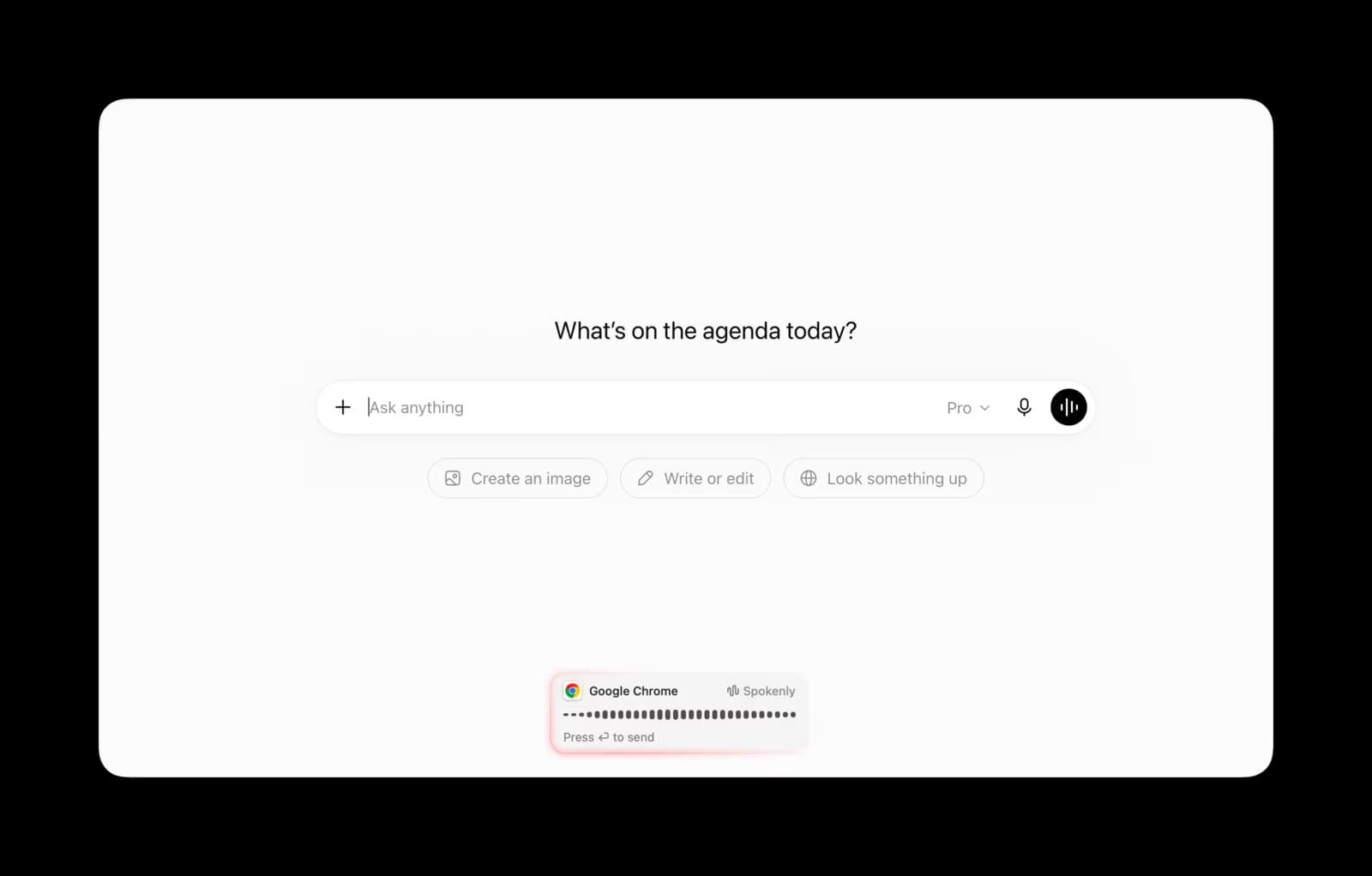 ChatGPT prompt box with the Spokenly voice dictation overlay recording speech for an editable prompt
