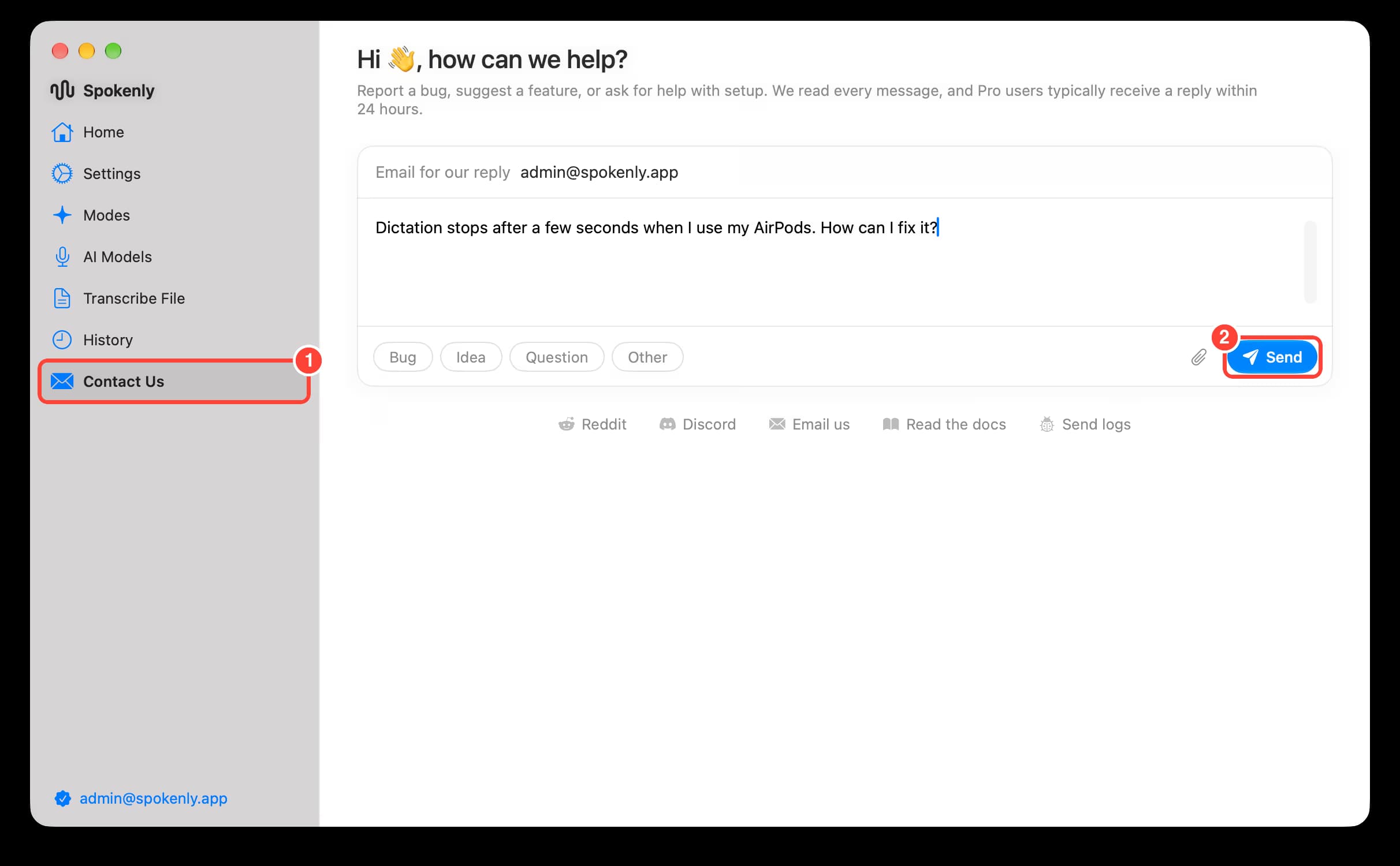 Open the Contact form in Spokenly