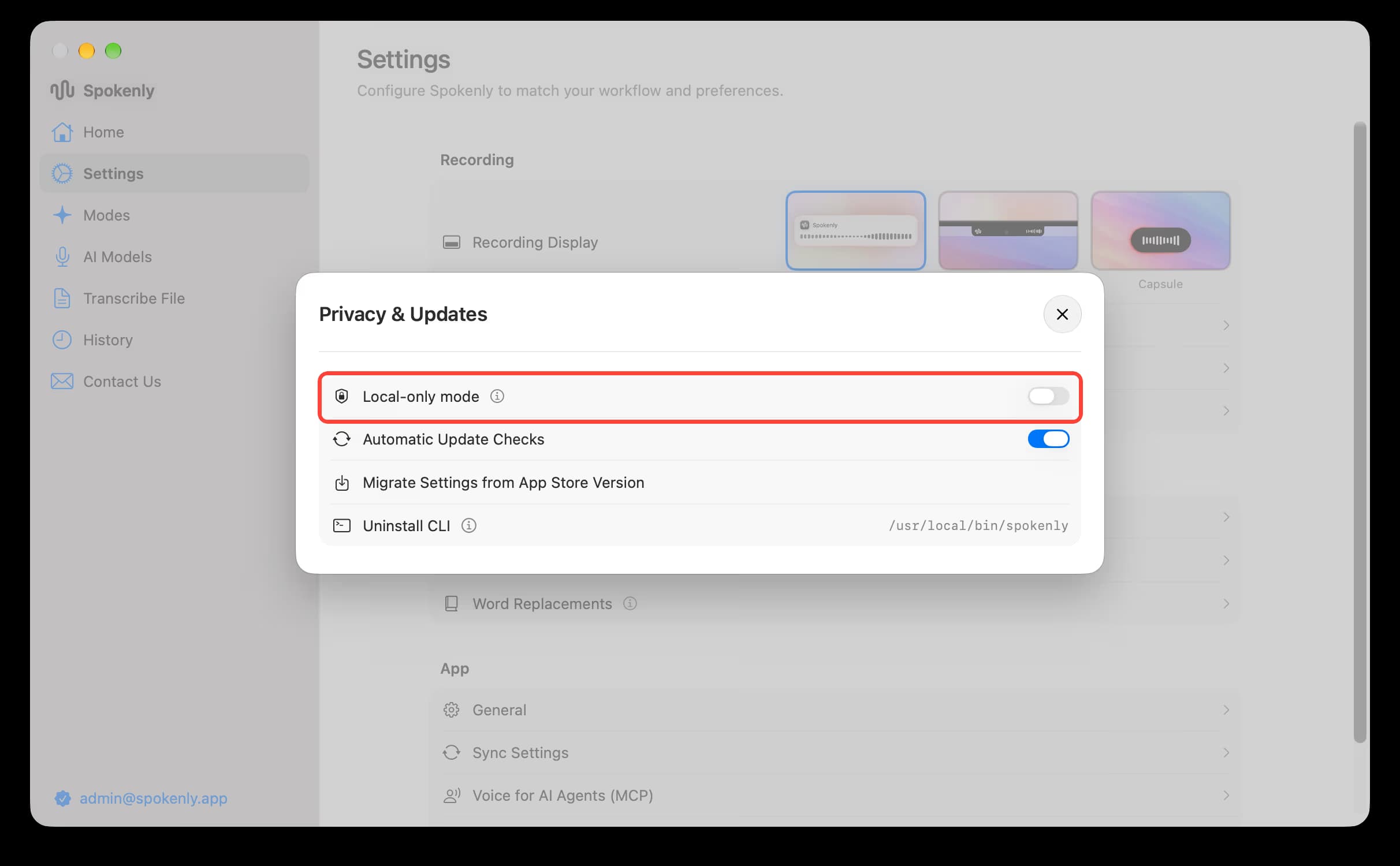 Local Only Mode interface