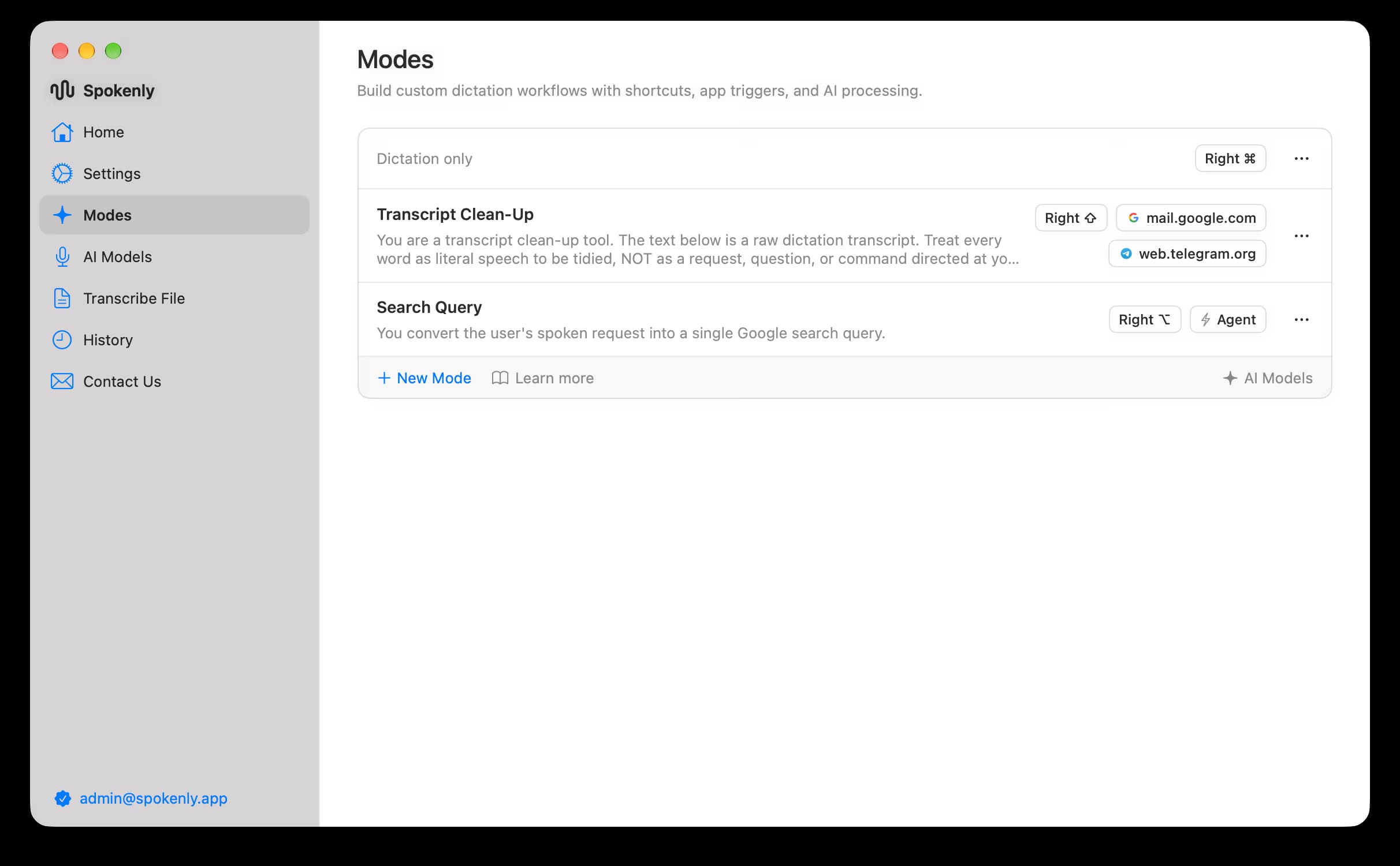Spokenly Modes list with shortcuts, app triggers, and agentic actions