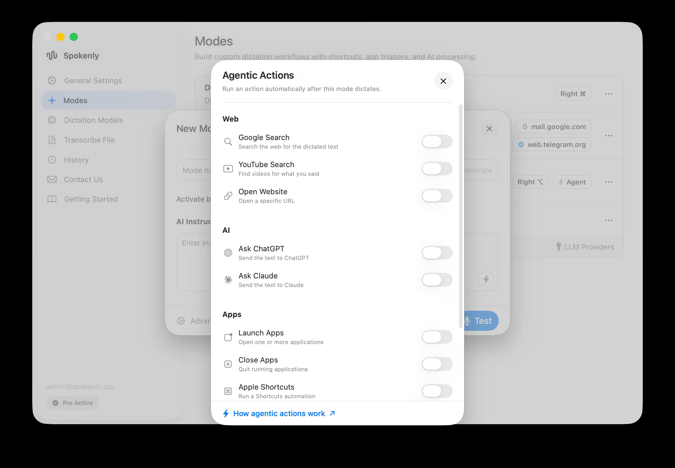 Agentic Actions picker grouped into Web, AI, and Apps