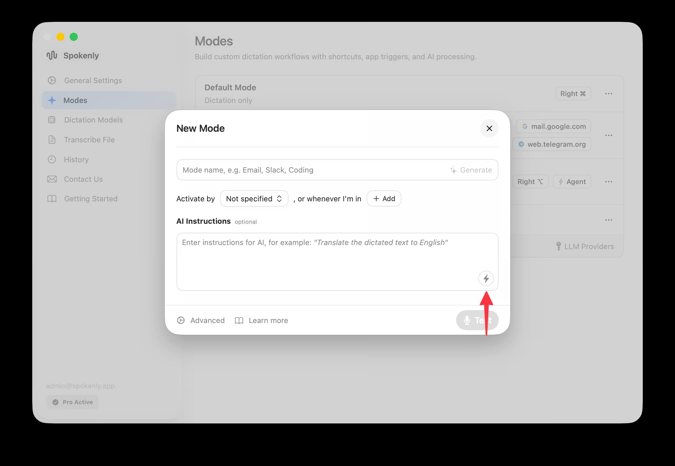 The lightning bolt button in a mode's AI Instructions area opens the Agentic Actions picker