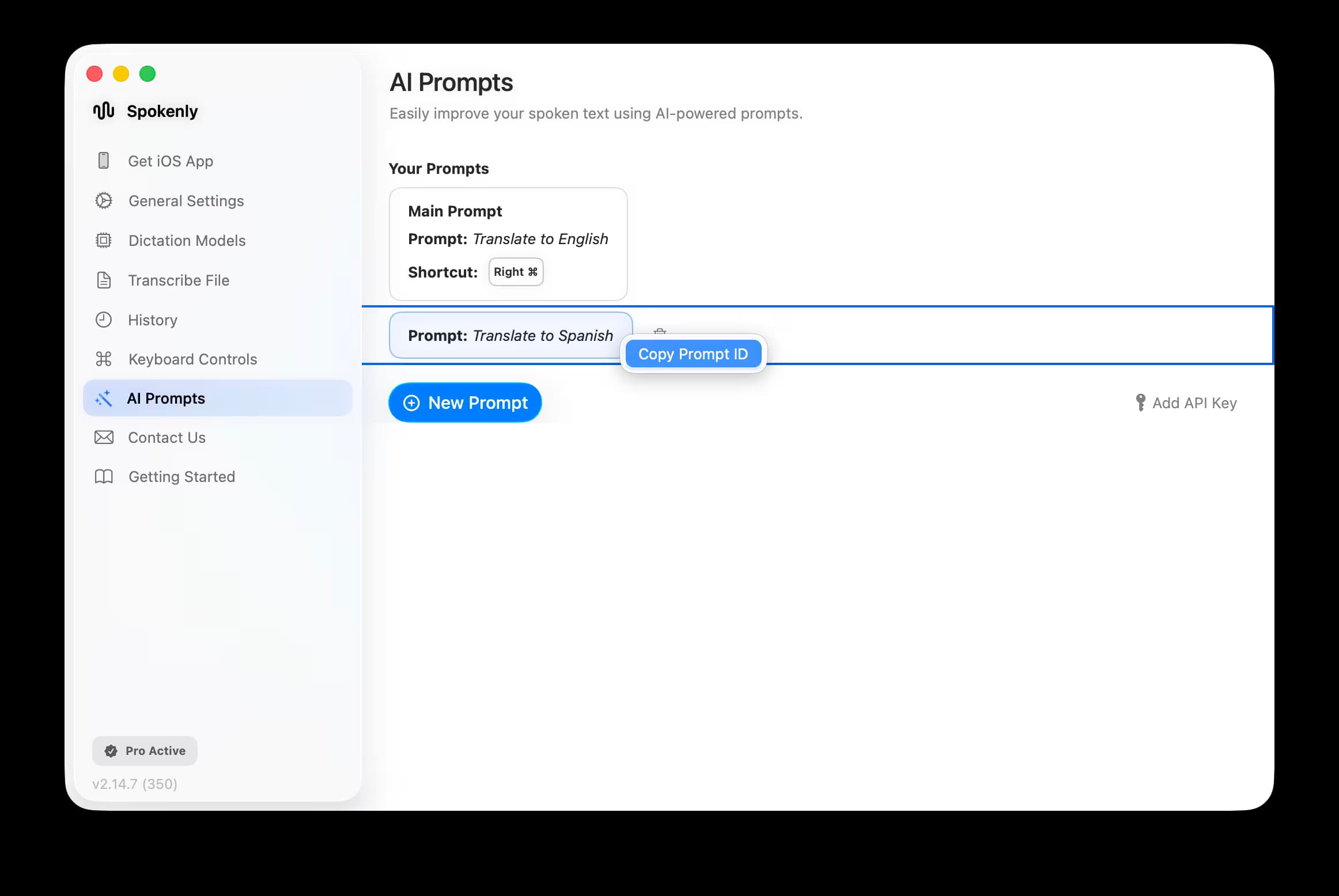 Copy Prompt ID in Spokenly