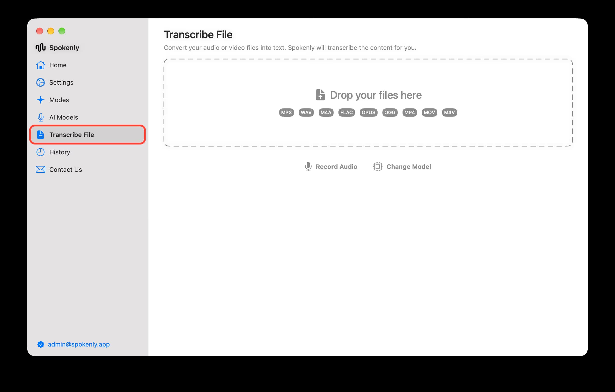 Transcribe File in the Spokenly sidebar
