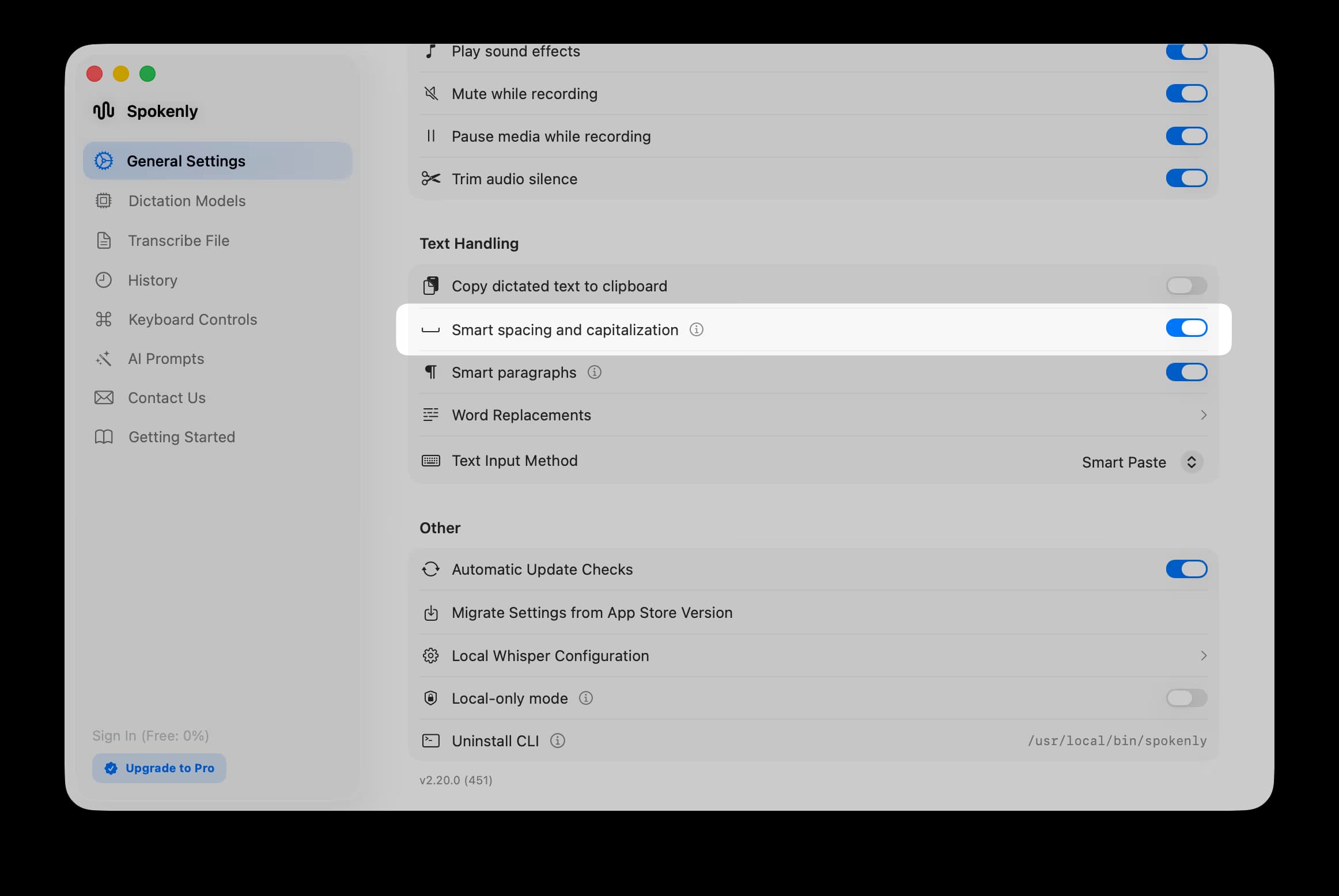 Smart spacing toggle in Text Handling settings