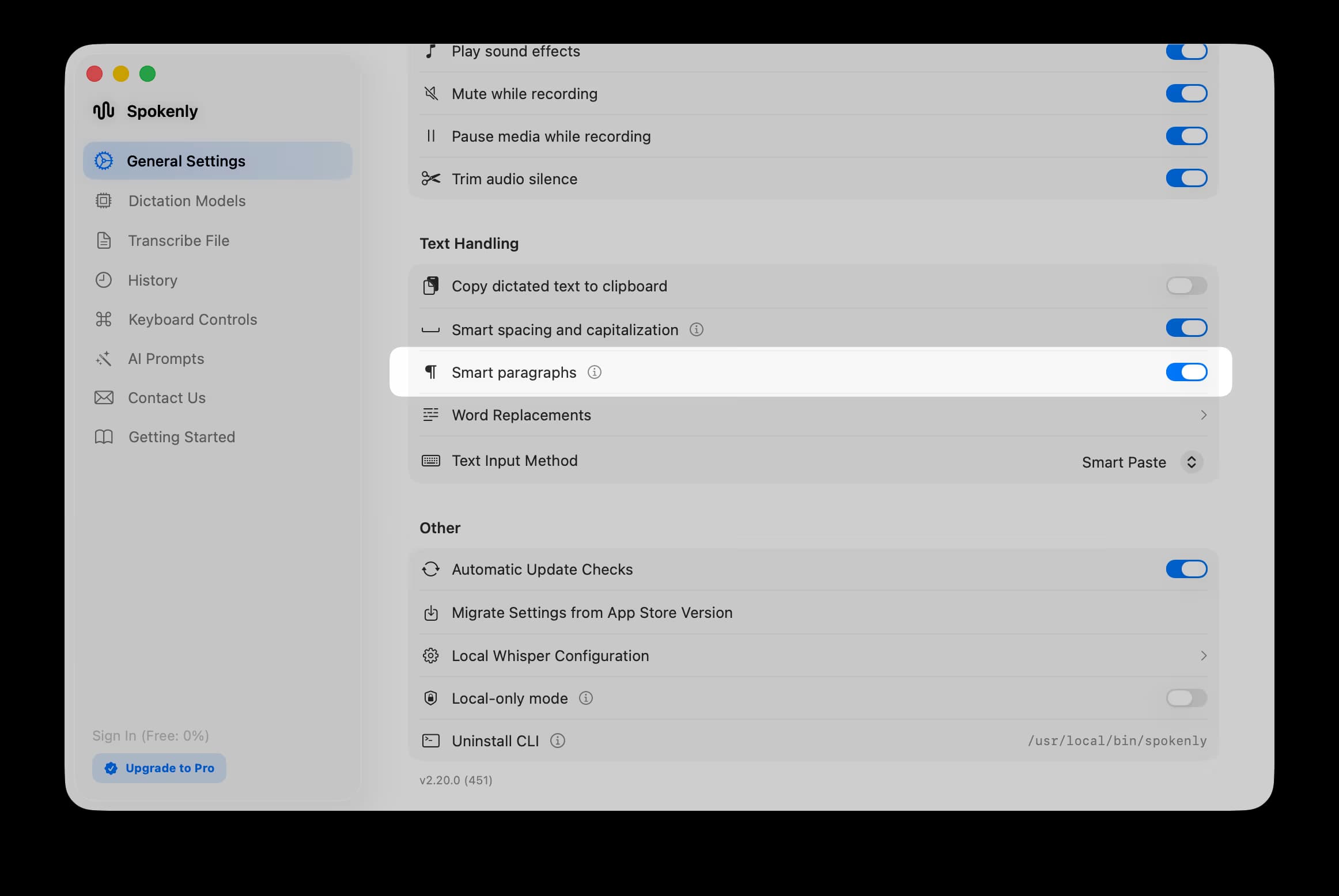 Smart paragraphs toggle in Text Handling settings