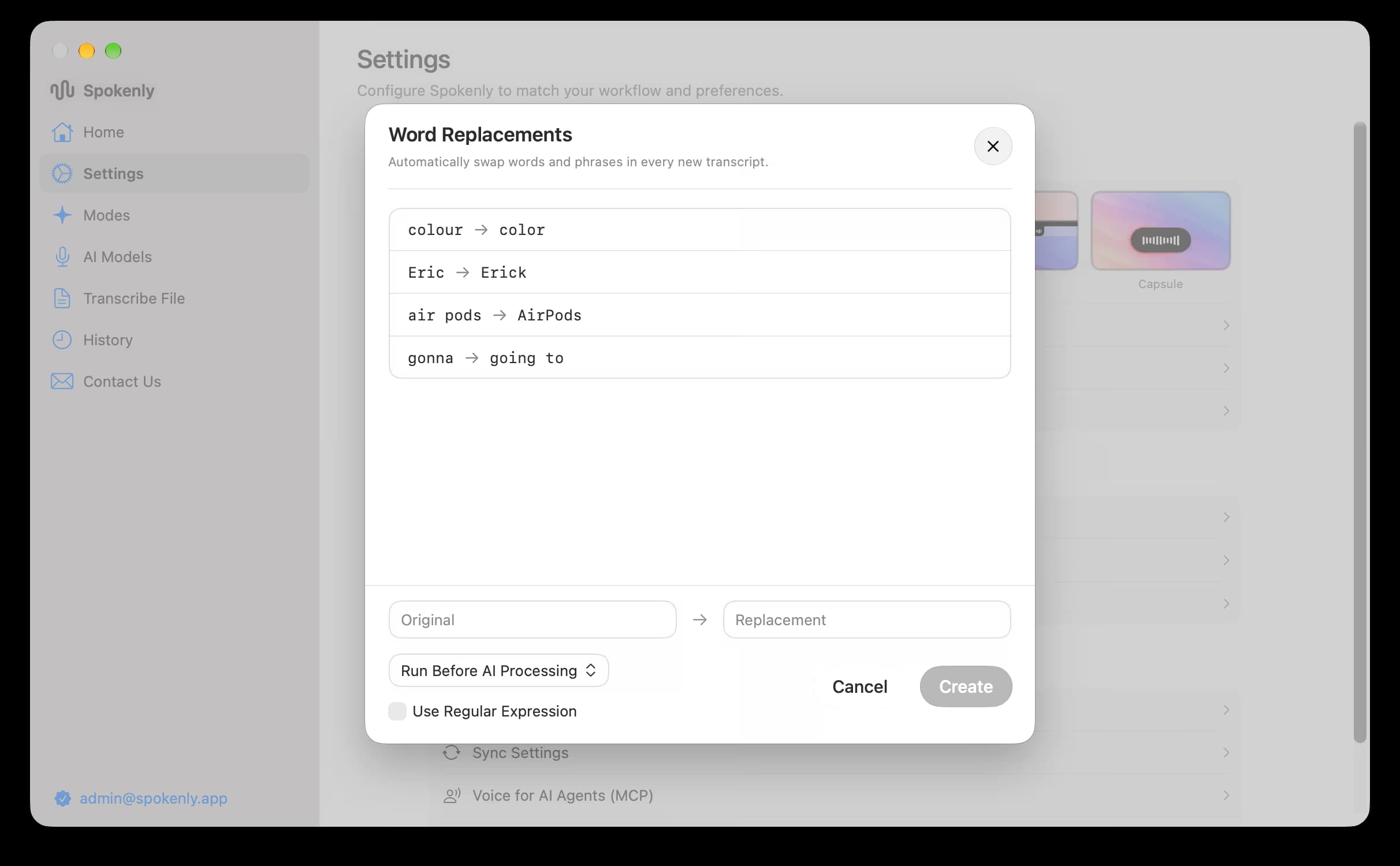 Word Replacements dialog