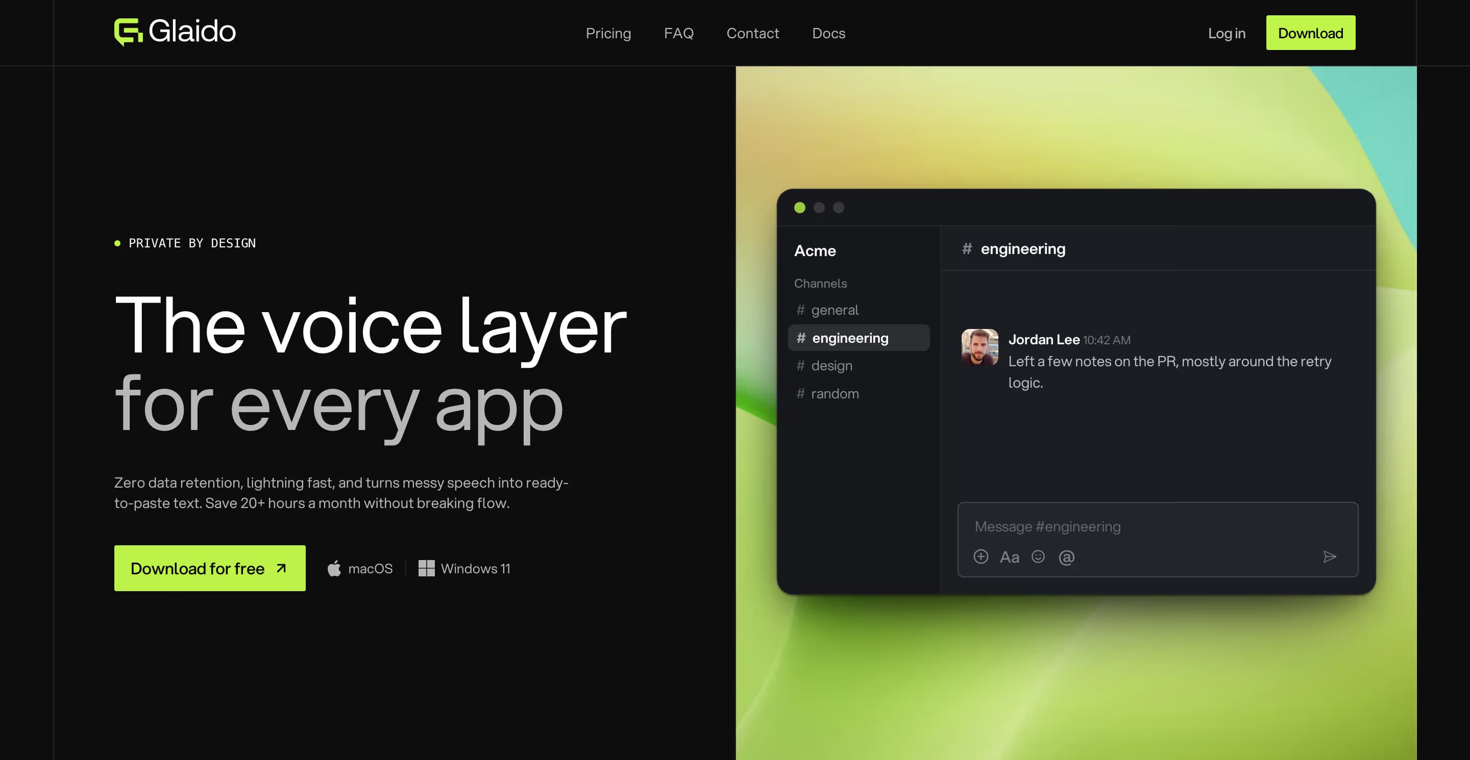 Glaido homepage at glaido.com with the headline 'The voice layer for every app', a zero data retention tagline, and download buttons for macOS and Windows 11