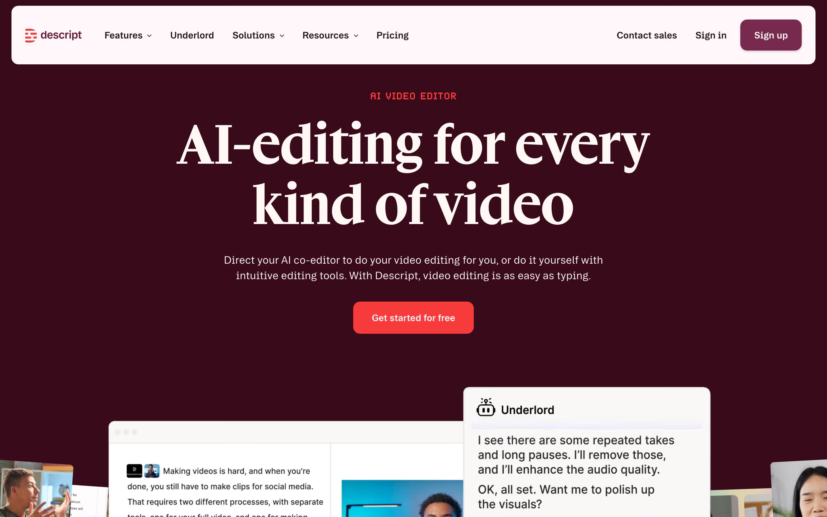 Descript homepage showing the headline AI-editing for every kind of video with a Get started for free button