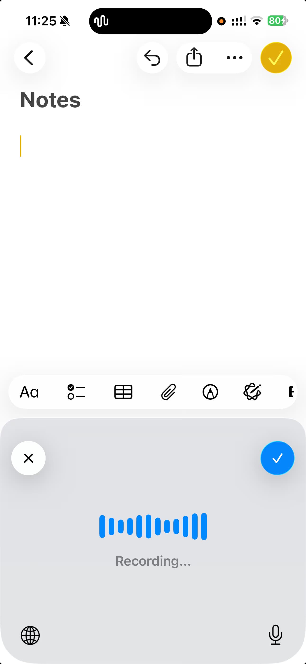 Spokenly recording sheet active inside Apple Notes on iPhone