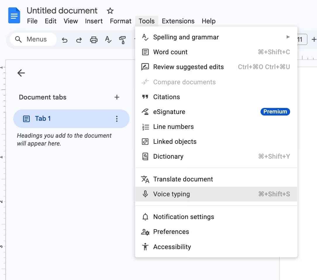 Google Docs Tools menu open with Voice typing highlighted and the Cmd+Shift+S keyboard shortcut shown next to it