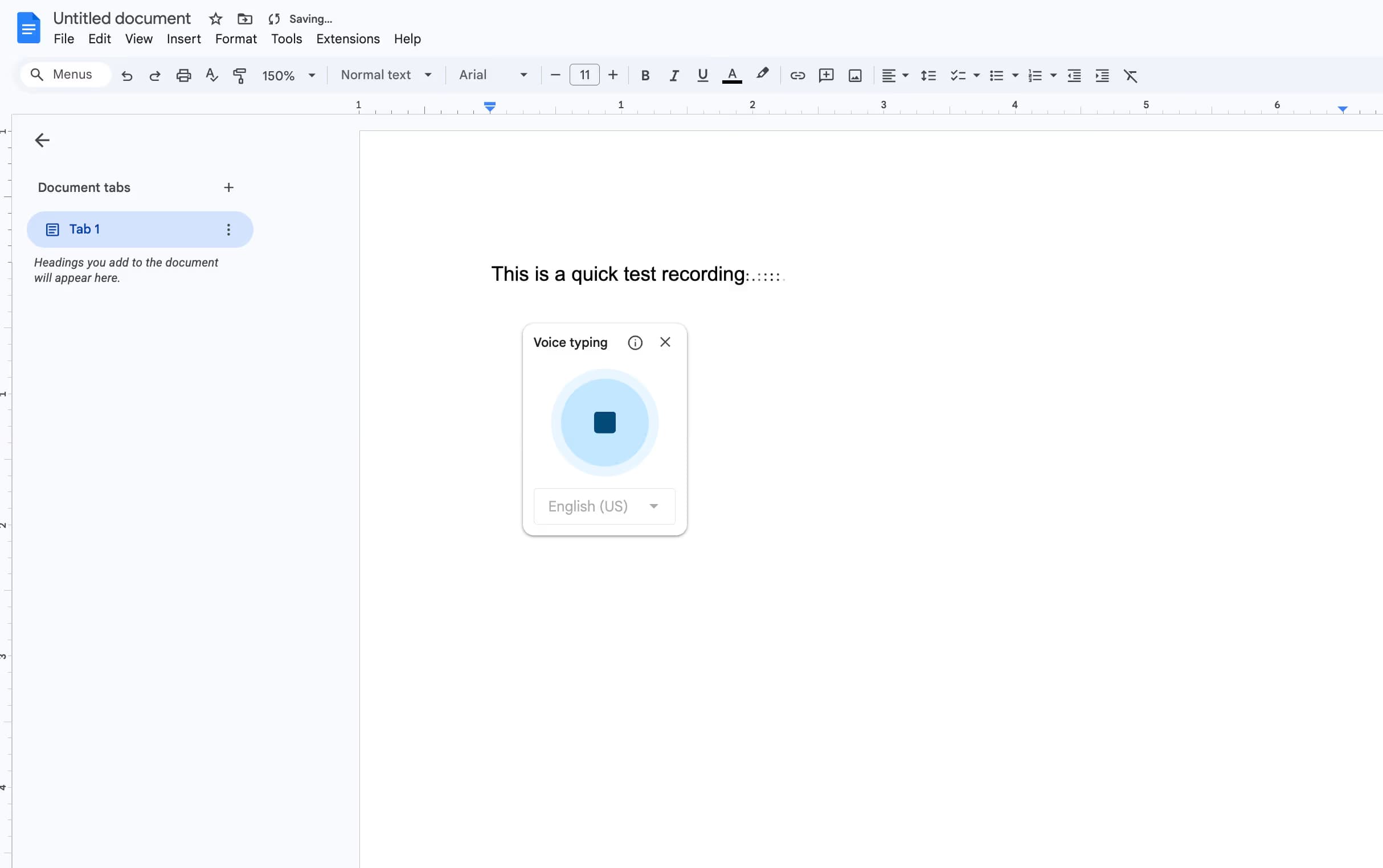 Google Docs Voice Typing dialog showing an active recording with a stop button and language selector set to English (US), with the words 'This is a quick test recording' visible in the document