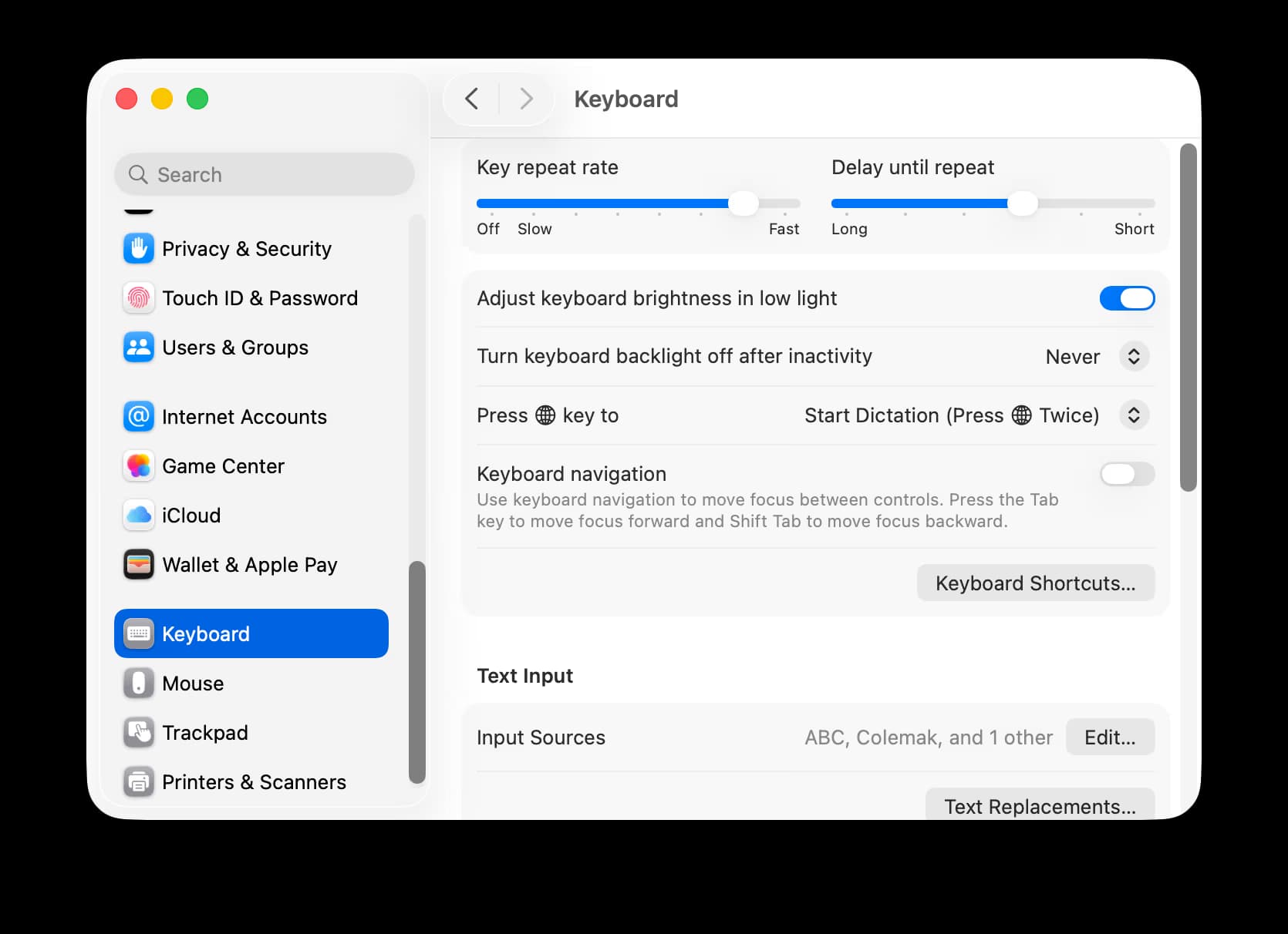 macOS System Settings Keyboard panel showing the Globe key configured to Start Dictation when pressed twice