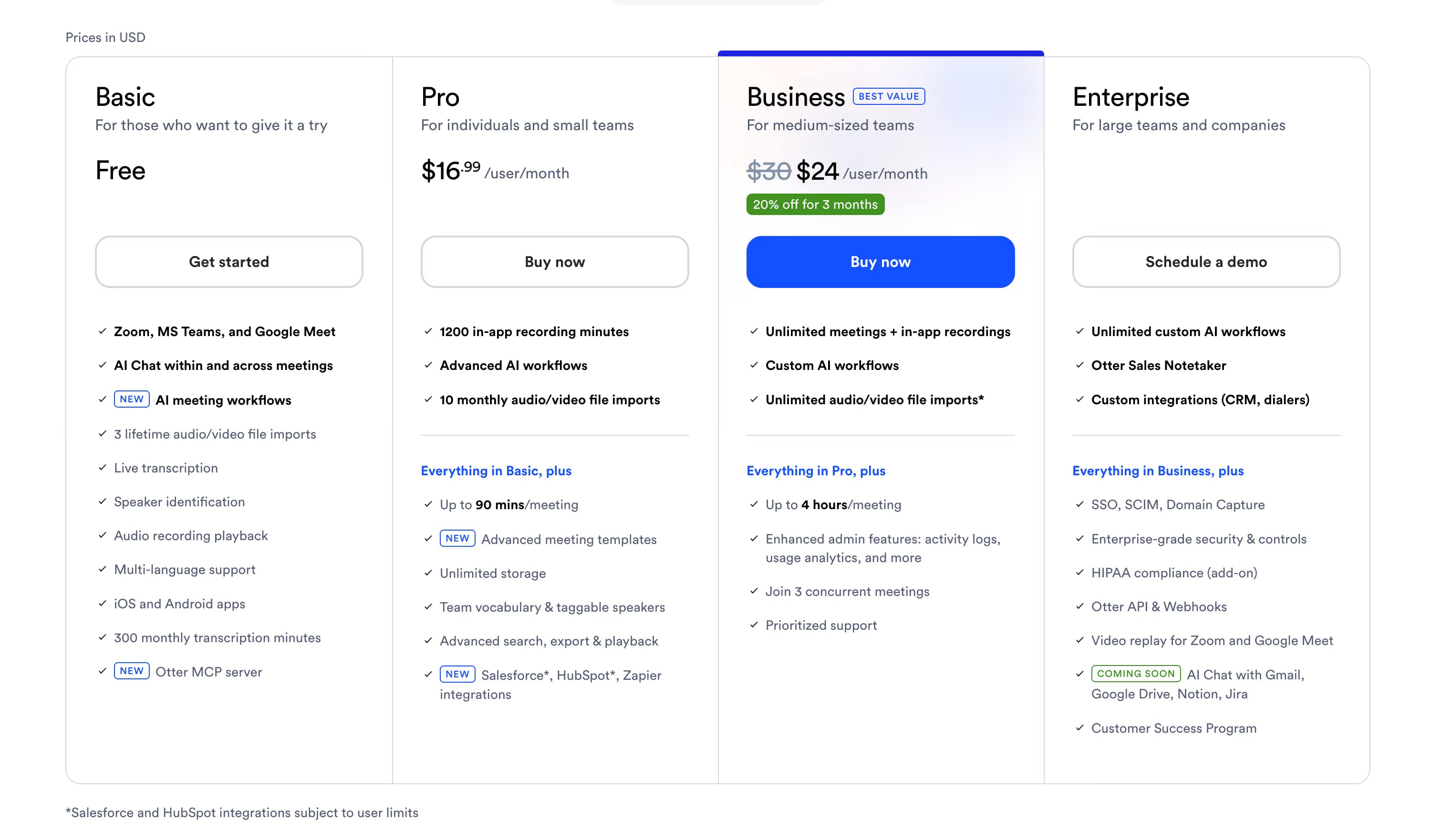 Otter.ai pricing page showing Basic Free, Pro $16.99 per user per month, Business $30 per user per month, and Enterprise tiers