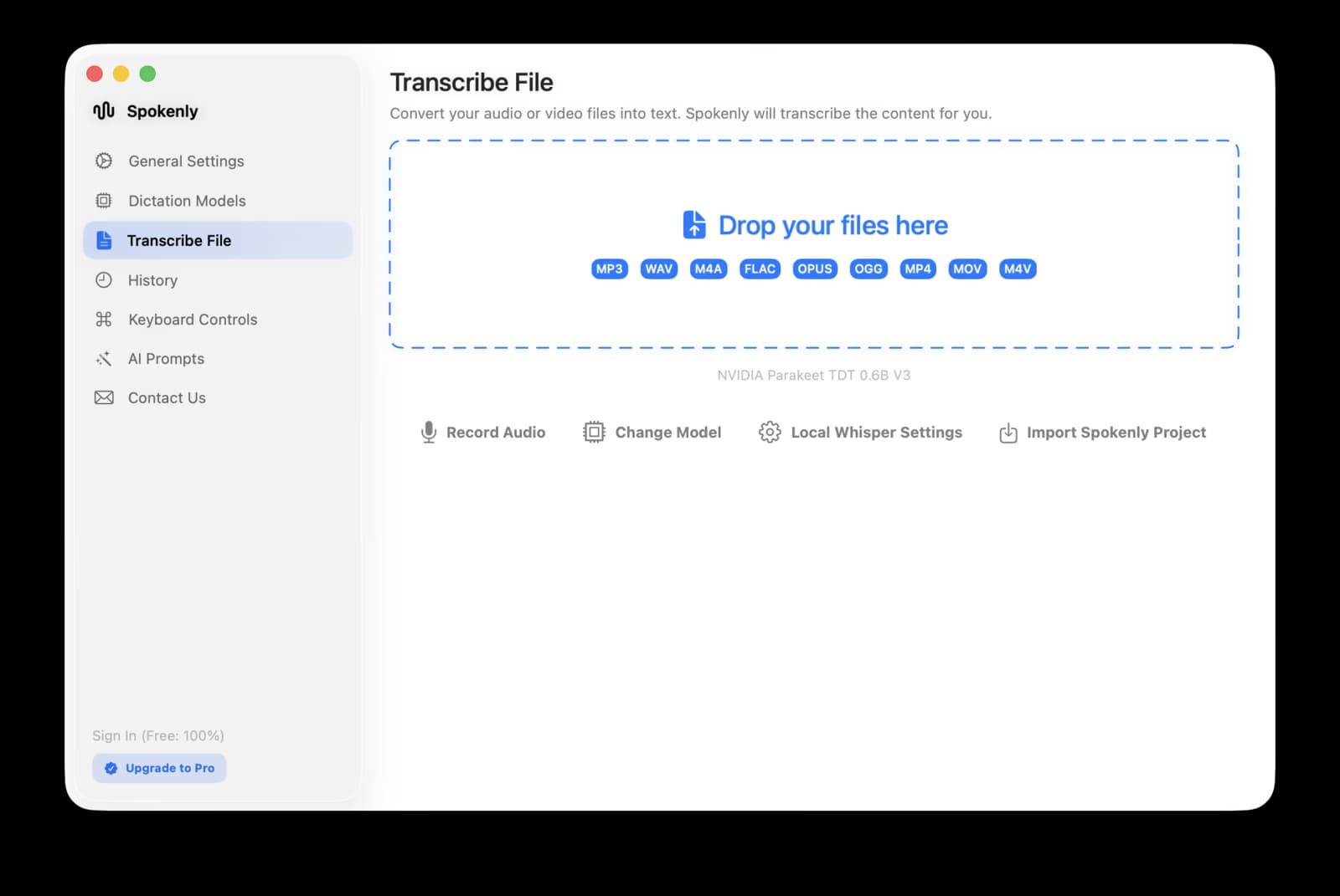 Spokenly Transcribe File panel for converting audio files to text