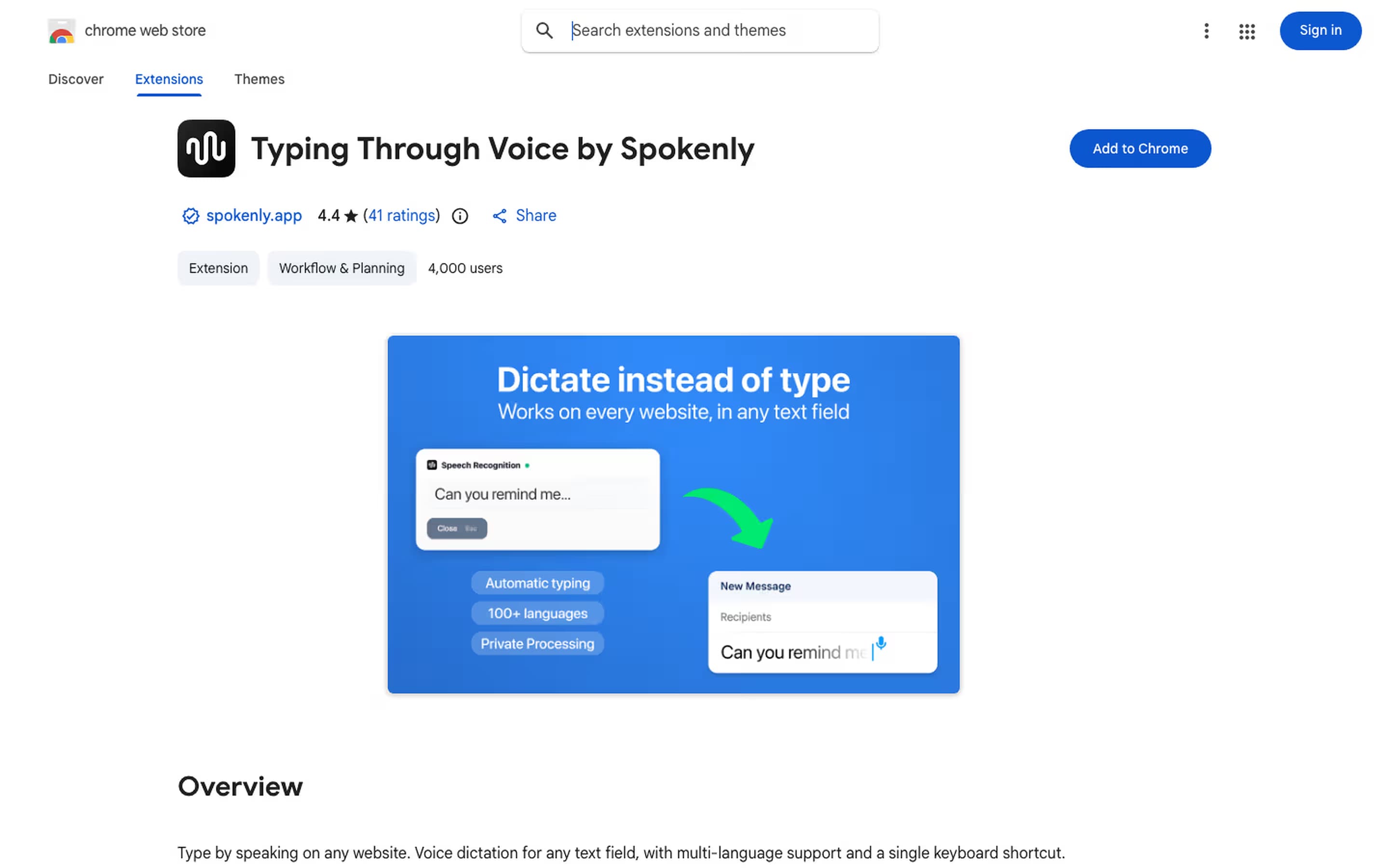 Official Typing Through Voice by Spokenly listing in the Chrome Web Store