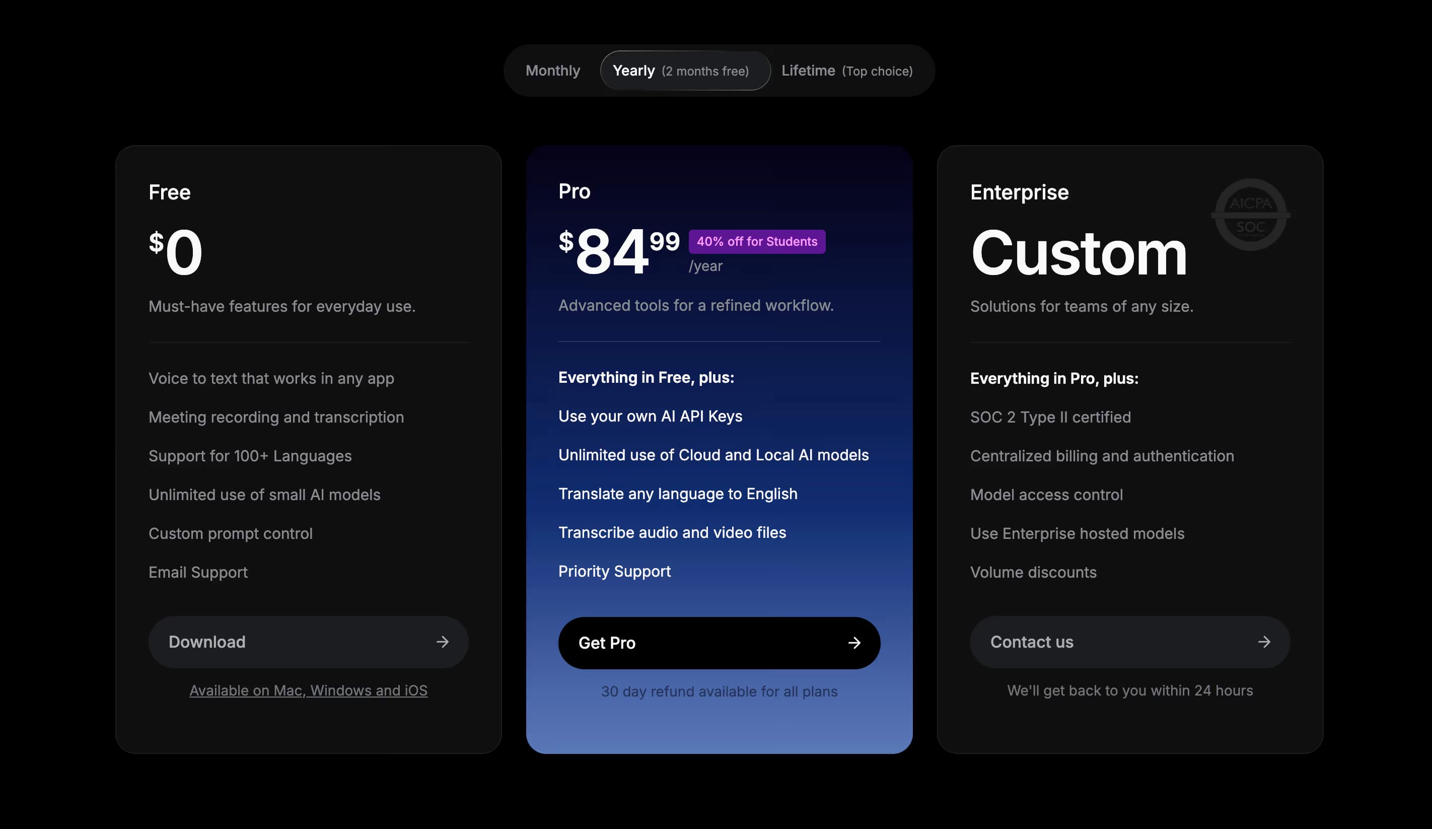 Superwhisper pricing page showing Free, Pro $84.99 per year with 40% off for students, and Enterprise Custom tiers