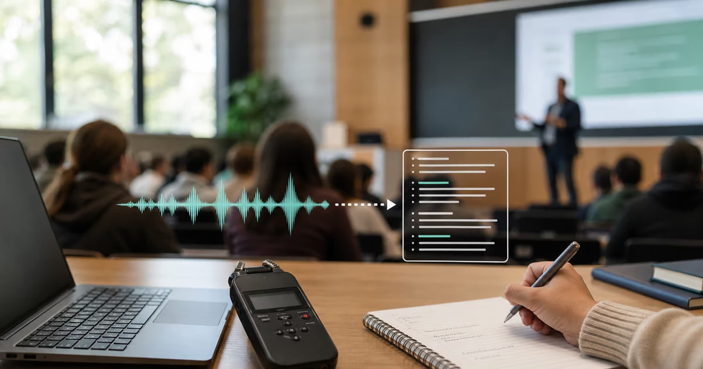 Student recording a lecture while audio becomes structured study notes