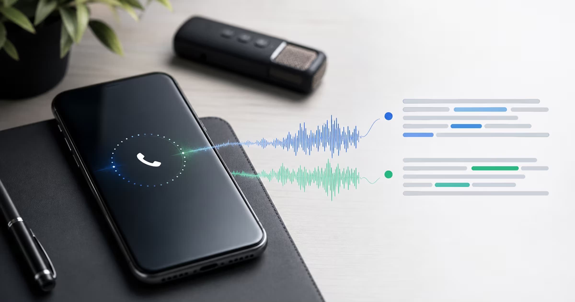 Two-speaker phone call waveforms becoming a written transcript