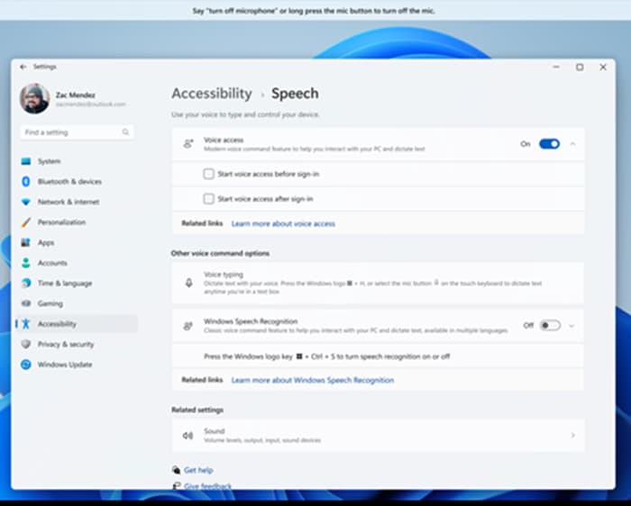 Windows 11 Accessibility and Speech settings with Voice Access enabled