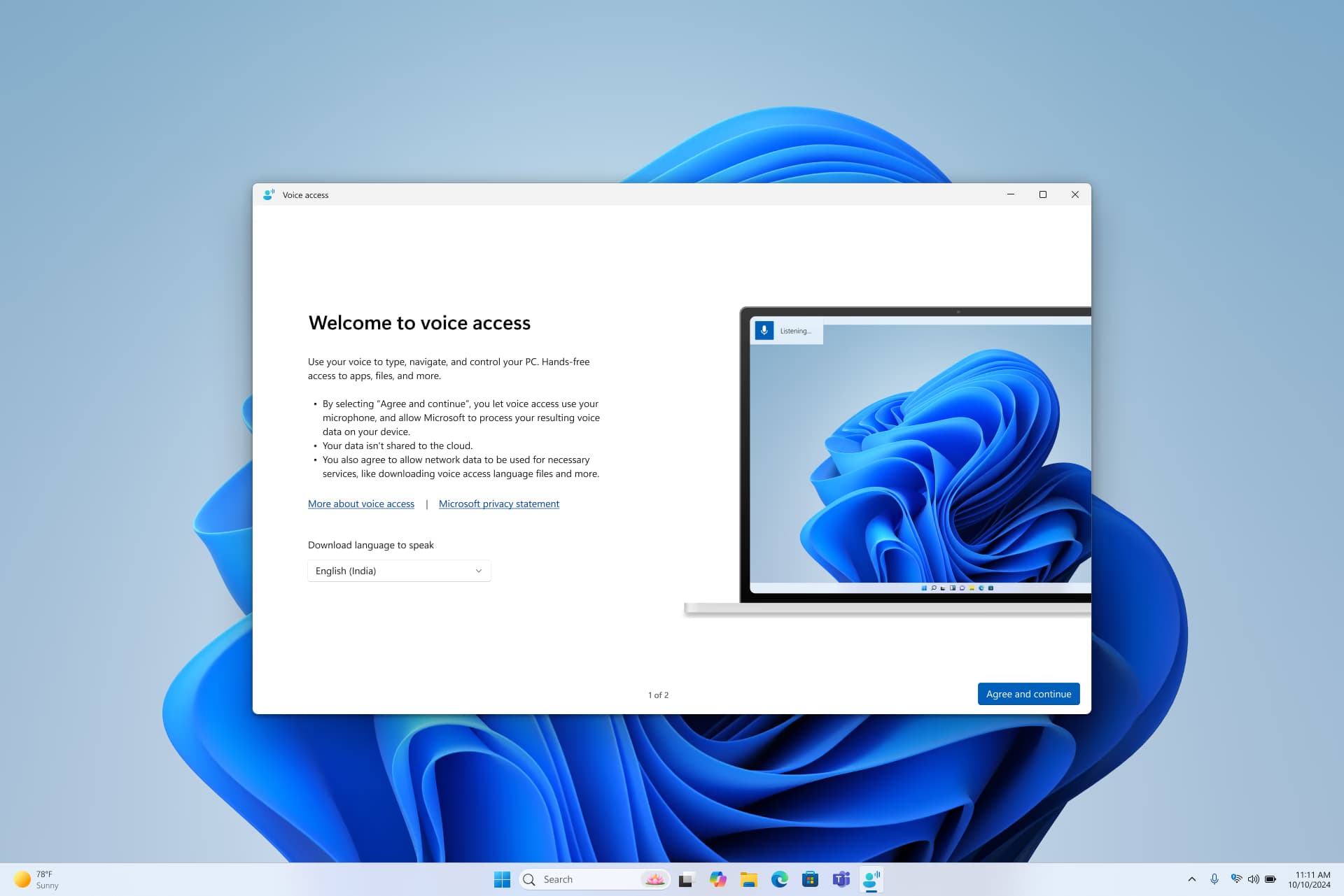 Official Windows 11 Voice Access welcome screen with language selection and privacy explanation