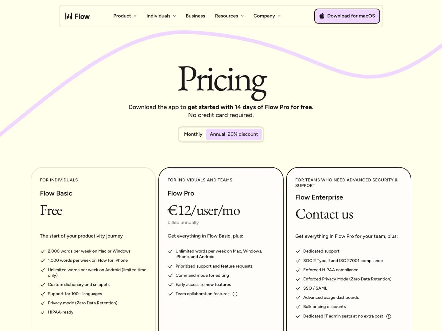 Wispr Flow pricing page showing Basic Free, Flow Pro and Flow Enterprise tiers
