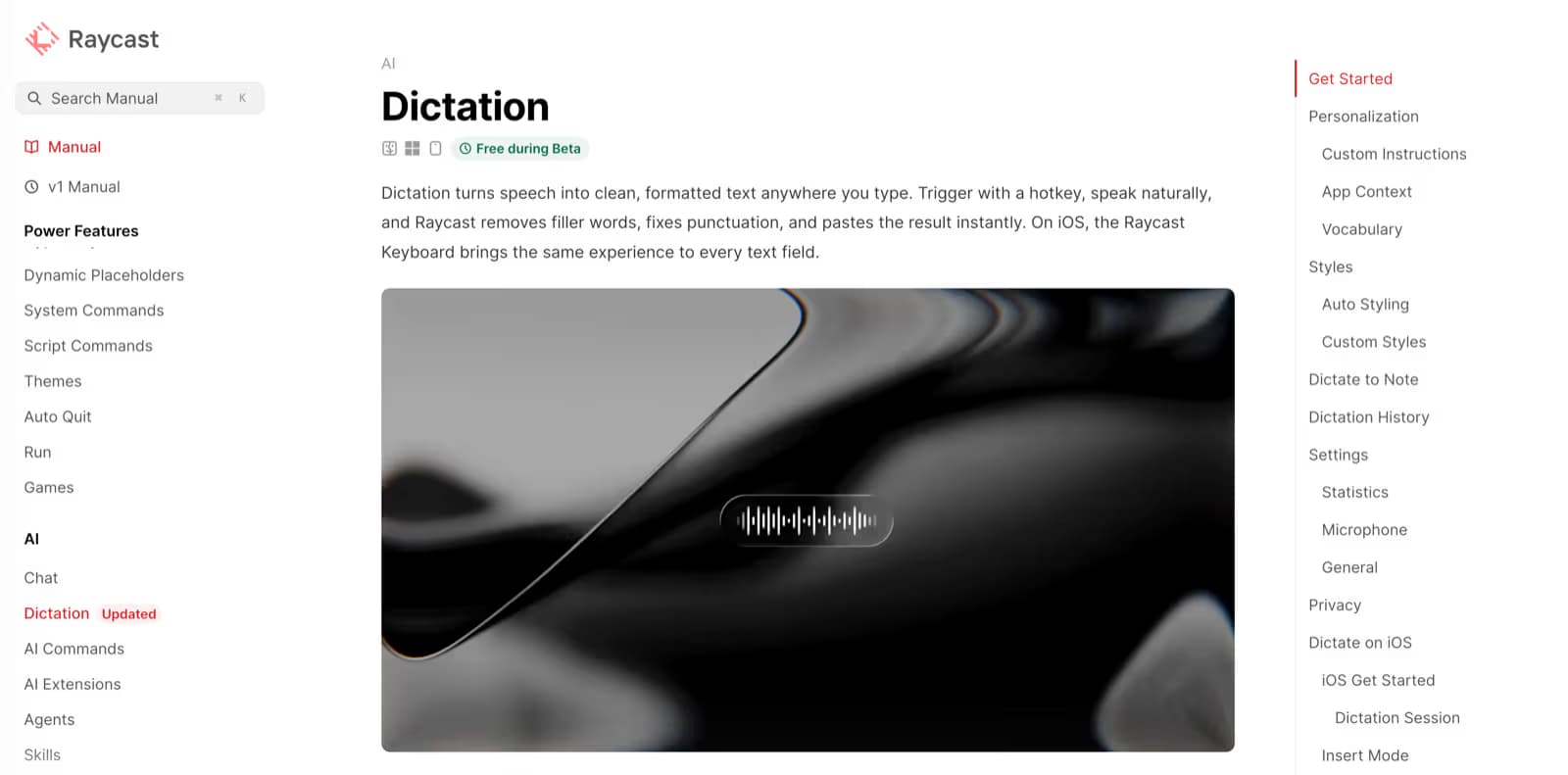 Raycast Dictation manual page showing the dictation feature and recording pill